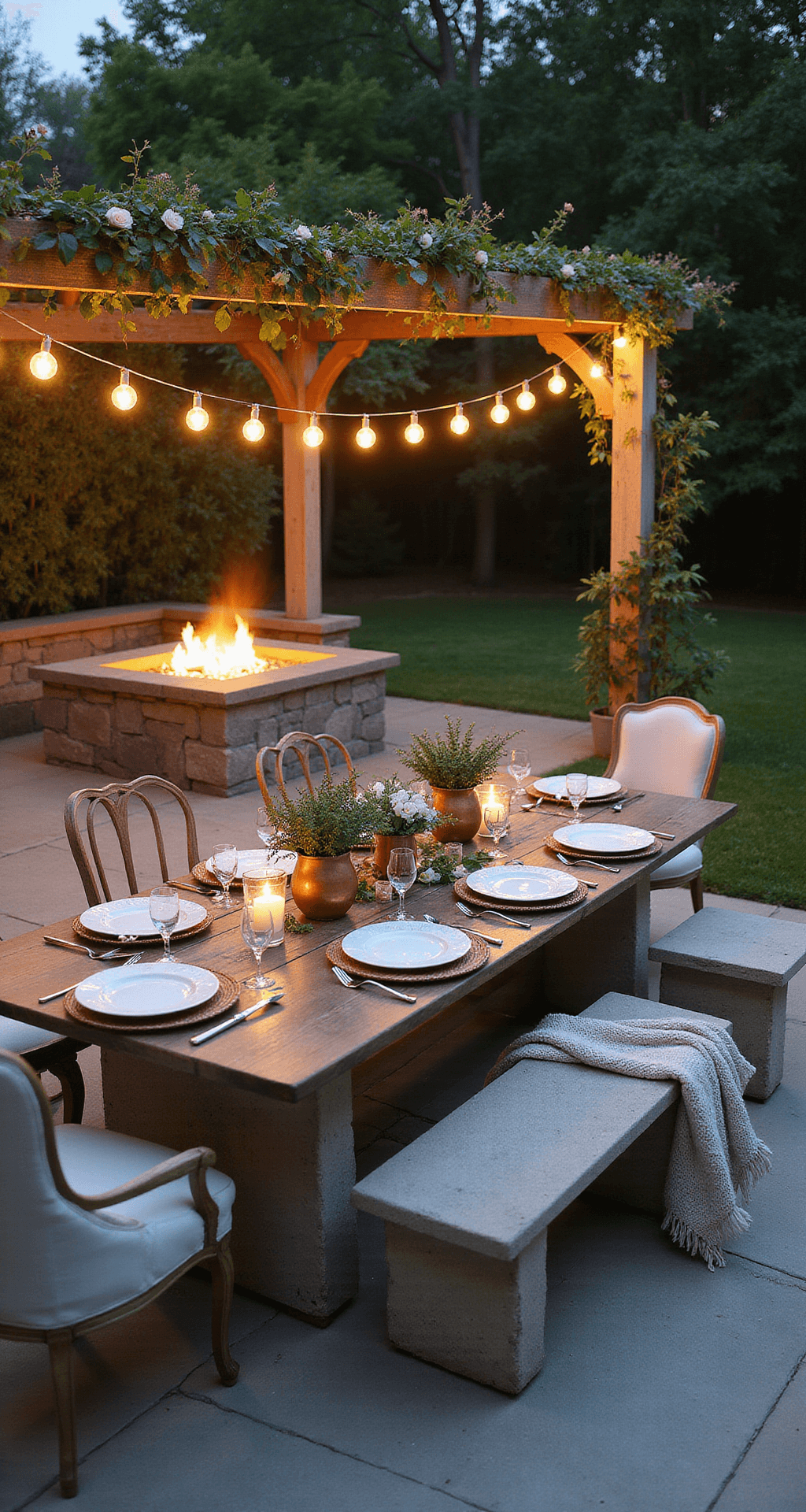 A bird's eye view of a spring dinner party on a 30x40ft terrace at twilight, featuring a large stone fire pit with curved benches, a farm table set for eight with mixed vintage chairs, climbing roses on a pergola, zigzagged market lights, and potted herbs in copper vessels, accompanied by white dinnerware with gold accents, all illuminated by the warm glow of the fire and string lights.
