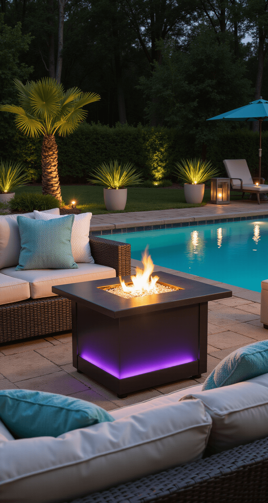 A luxurious summer lounge scene featuring a 25x30ft poolside patio at night, with a modern fire pit table, low-profile wicker sectional, illuminated tropical plants, floating pool lights, and ice bucket side tables with champagne, all enhanced by textured aqua and white outdoor pillows, creating a sophisticated resort-style atmosphere.