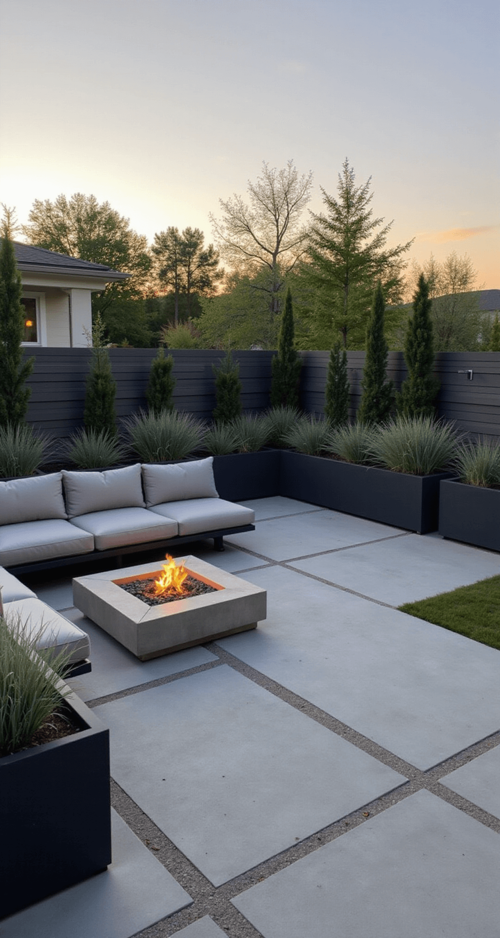 A contemporary backyard terrace at golden hour featuring a square concrete fire pit, geometric charcoal sectional seating with light gray cushions, silver-green grasses in matte black planters, polished concrete pavers, and dark gray privacy screens with LED lighting, all captured at eye level with subtle depth of field.