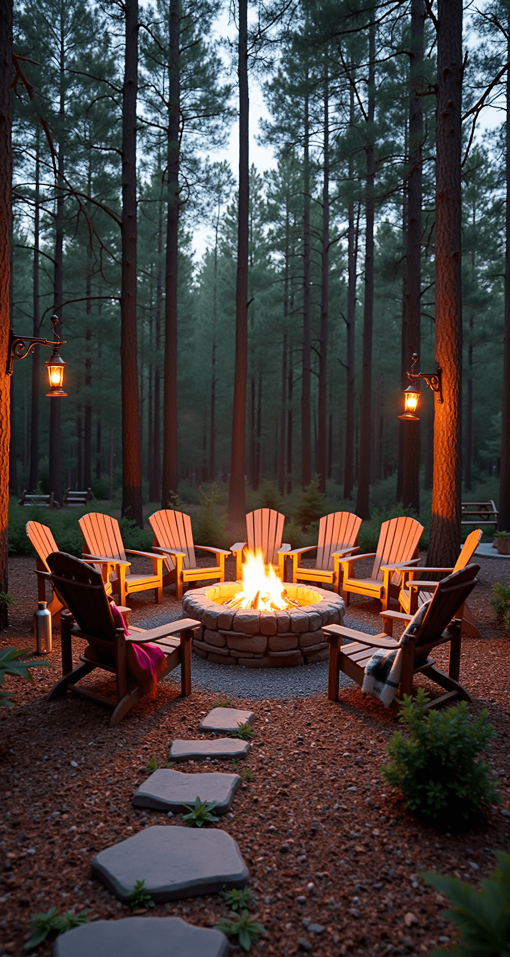 Wide-angle view of a 25ft circular clearing in a forest at dusk, featuring a natural stone fire pit with a weathered granite seating wall, vintage teak Adirondack chairs draped with wool throws, and rich brown bark mulch pathways. Copper lanterns on shepherd's hooks cast a warm glow, with towering pine trees framing the scene from an elevated perspective.