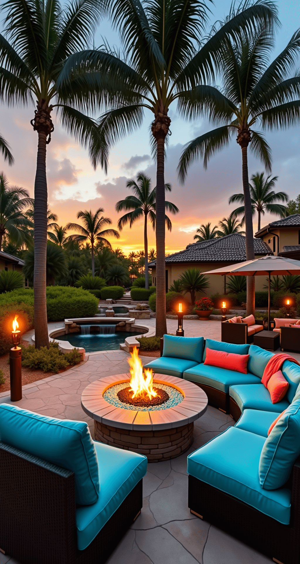 Tropical paradise evening setting featuring a resort-style space with a custom fire pit, curved sectional sofa with vibrant cushions, established palm trees, copper tiki torches along stone pathways, and a small cascading water feature, all illuminated by dramatic backlighting.