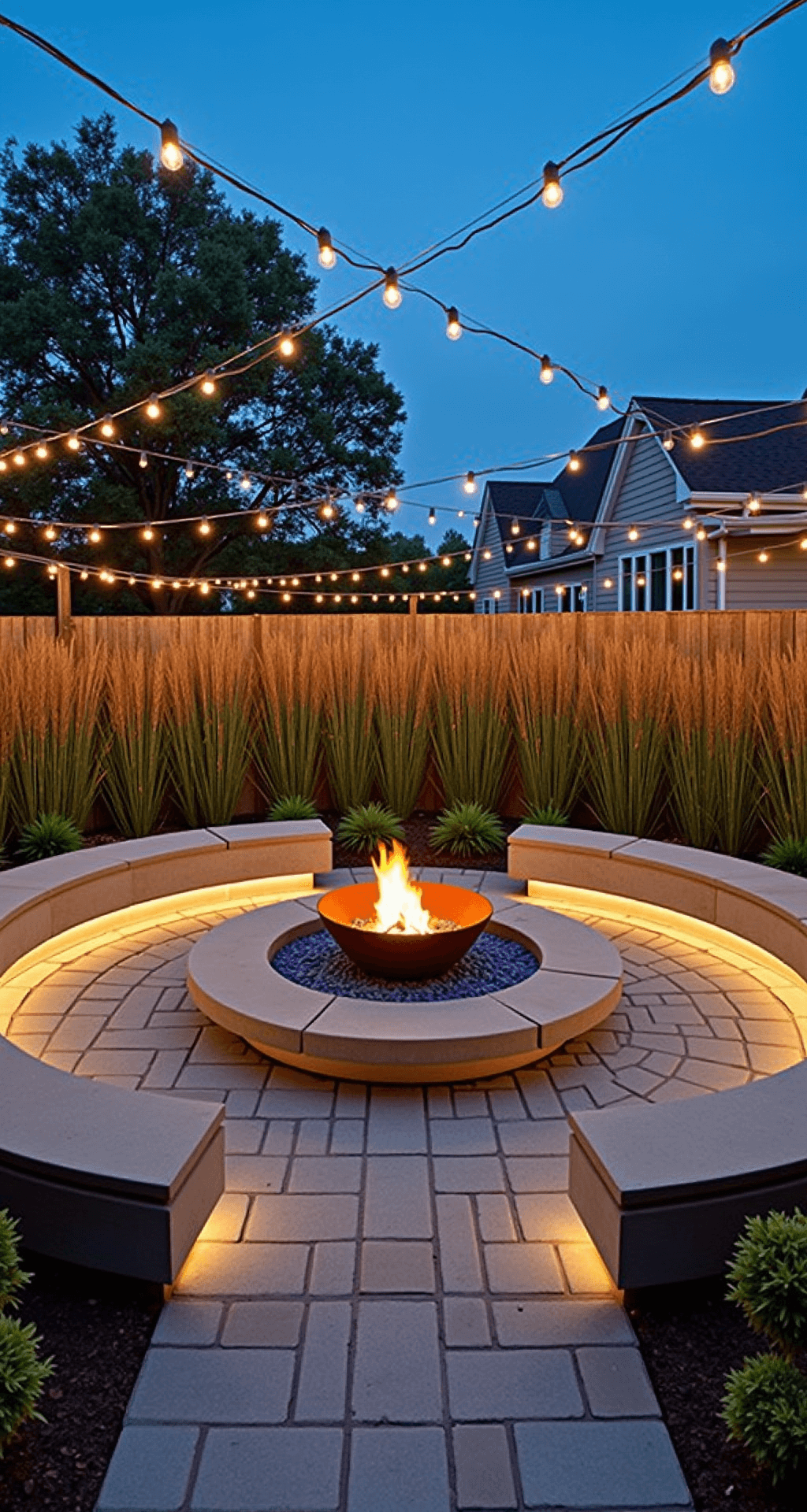 A twilight scene of a 30ft diameter circular patio featuring a central cor-ten steel fire bowl, modern curved concrete benches with LED underlighting, ornamental grasses for privacy, and succulent garden beds, all beneath a canopy of overhead string lights, taken from a low camera angle to highlight the circular design.