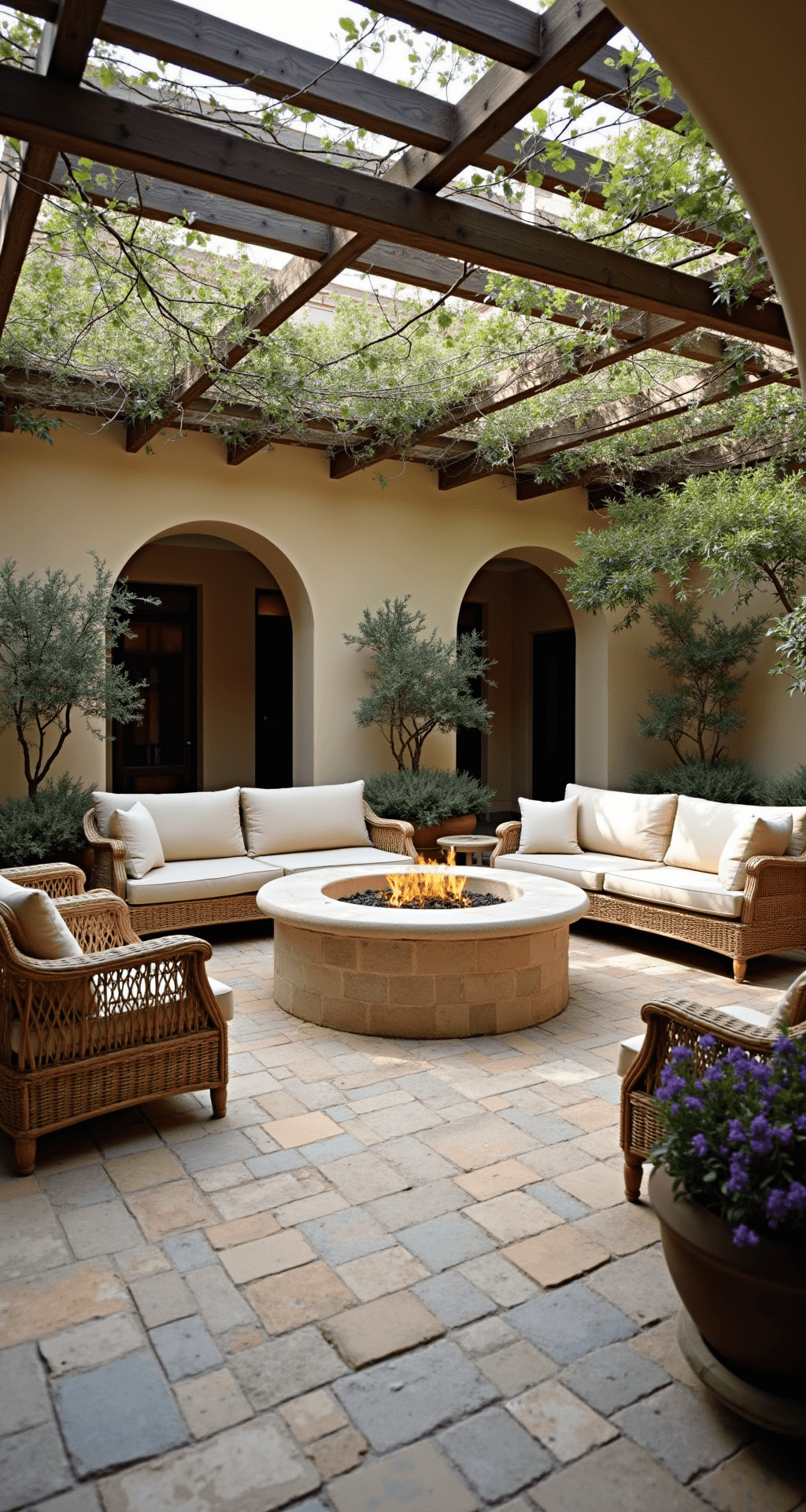 An intimate Mediterranean courtyard featuring a limestone fire pit with mosaic accents, mixed seating of stone benches and wicker chairs, terracotta pots with olive trees and lavender, and a rustic wooden pergola adorned with grapevines, all captured in natural lighting during late afternoon.