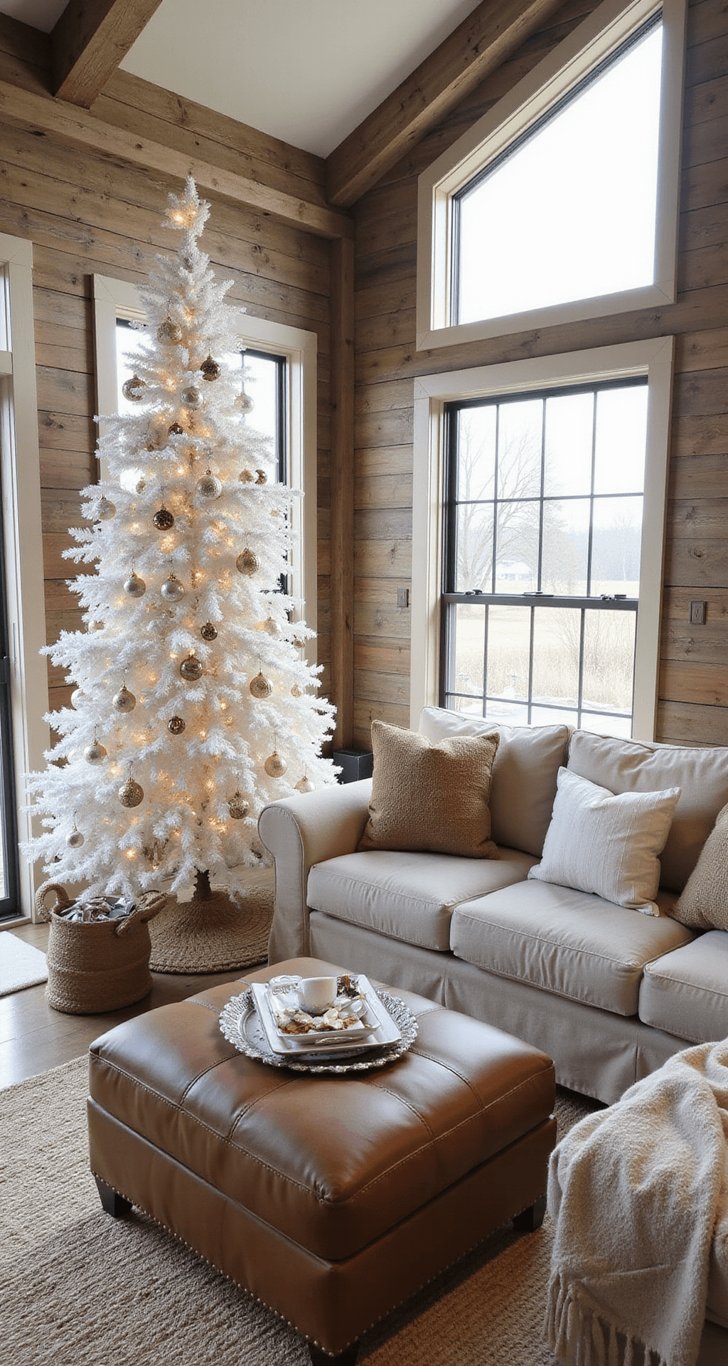 Rustic farmhouse family room with cathedral ceilings featuring a 7ft whitewashed pallet wood Christmas tree, slipcovered natural linen seating, and a distressed leather ottoman, adorned with vintage ornaments and burlap garlands, all illuminated by late morning light.