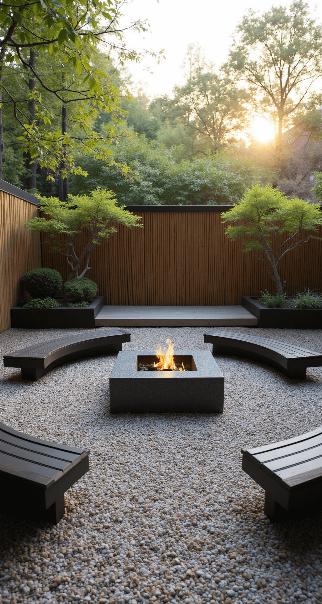 A minimalist Zen garden retreat featuring a square granite fire pit with river rock surround, low dark-stained wood benches, raked gravel garden, boulders, Japanese maple in cor-ten planters, and a bamboo privacy screen, all captured at ground level during the morning golden hour with soft, directional light.