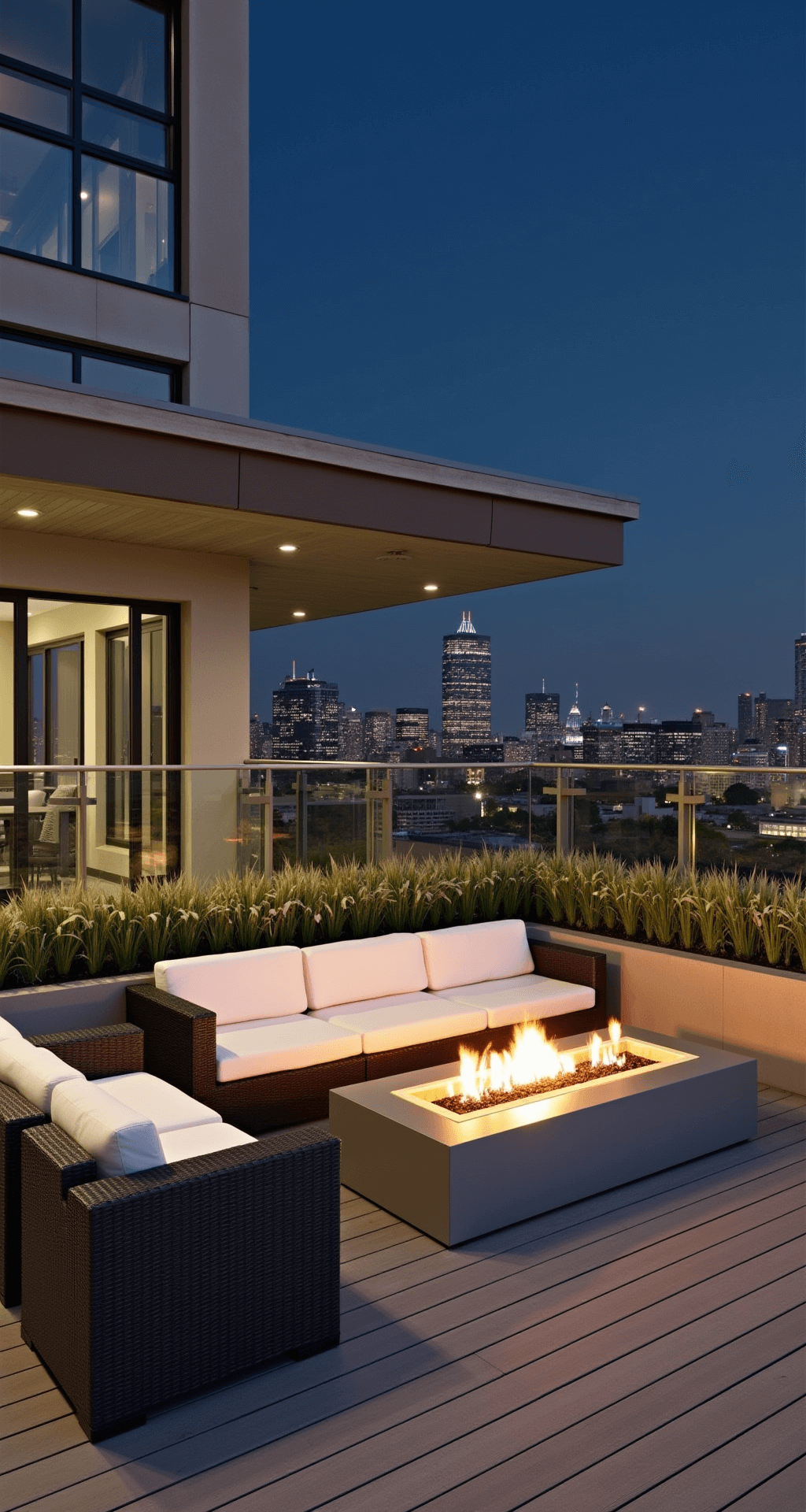 A stylish urban rooftop terrace at night featuring a modern gas fire pit, charcoal modular lounge furniture with white cushions, built-in planters with ornamental grasses, and LED uplighting, surrounded by glass wind barriers with city lights in the background, set against warm gray composite decking.