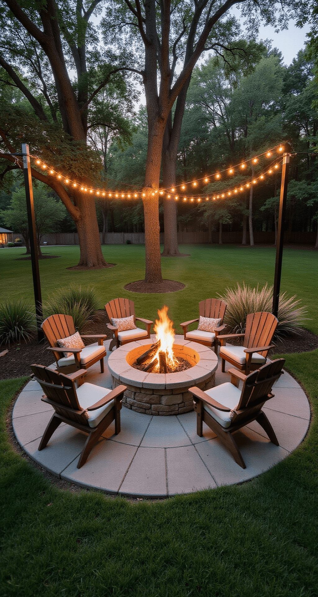 Twilight backyard scene featuring a circular stone fire pit surrounded by lush greenery, with oak trees in the background and warm golden hour lighting illuminating weathered teak Adirondack chairs and swaying ornamental grasses, all enhanced by string lights overhead.