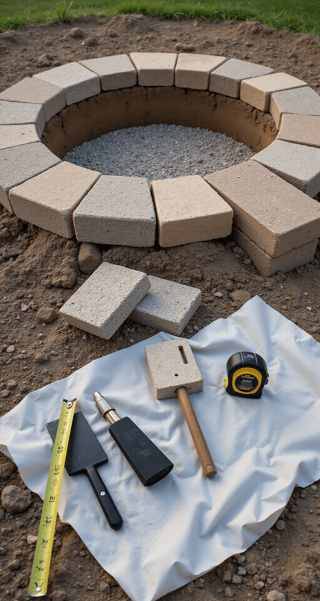 Ground-level view of a 6-foot circular fire pit under construction, showcasing a well-excavated pit with depth markers, a contrasting crushed gravel base, and natural granite blocks. Professional masonry tools are neatly arranged on a drop cloth, with a tape measure and level highlighted in the foreground, emphasizing textures and architectural details.