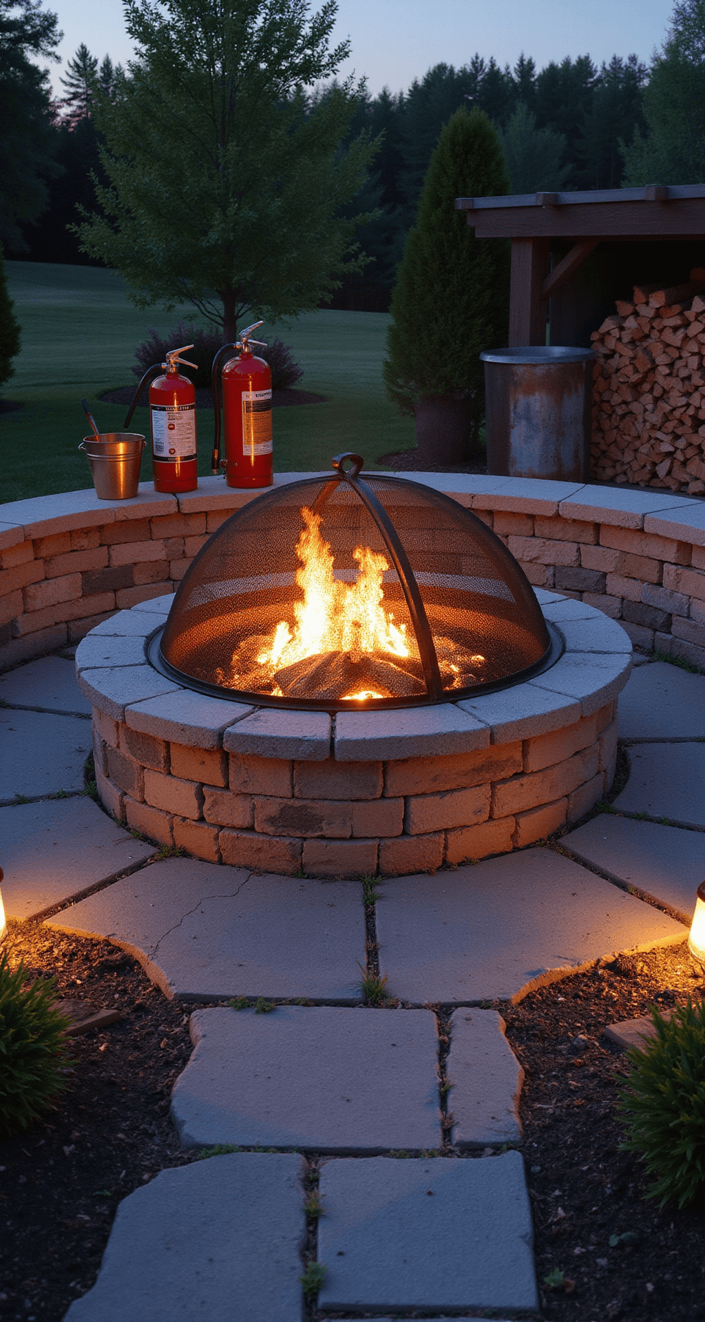 An elevated view of a safety setup around an active fire pit at dusk, featuring a metal spark screen over the flames, a visible safety equipment station with a red fire extinguisher, galvanized water bucket, and brass tools. A stone pathway lit by copper solar lights leads to a seating area, while a 30-foot radius to a stacked firewood shelter is included in the scene, showcasing smoke ventilation patterns and a commercial-grade metal screen reflecting the flames.