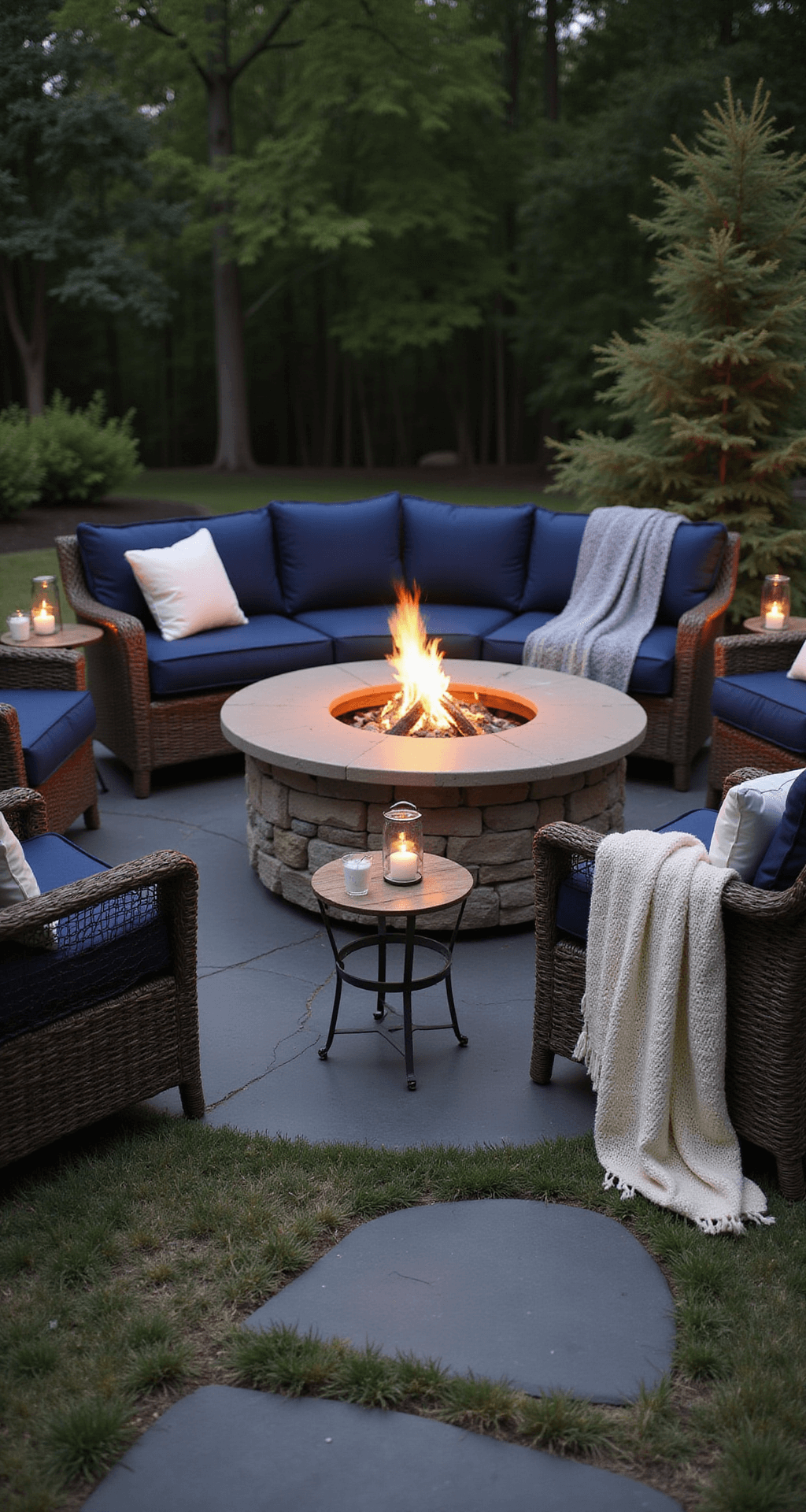 Cozy outdoor seating arrangement with an eight-piece wicker sectional in deep navy around a fire pit, featuring rustic side tables with lanterns and s'mores supplies, slate stepping stones, and textured throws, all softly illuminated by landscape lighting.