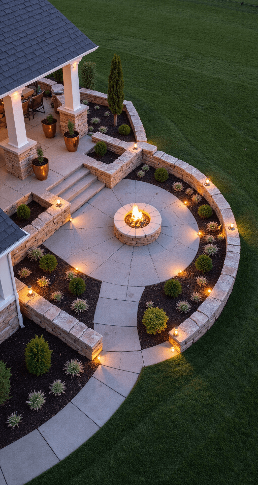 Aerial view of a backyard fire pit area featuring a stone retaining wall with seating, drought-resistant plants in copper containers, a flagstone patio around a central fire feature, and professional landscape lighting along pathways, demonstrating design harmony and safety clearances.