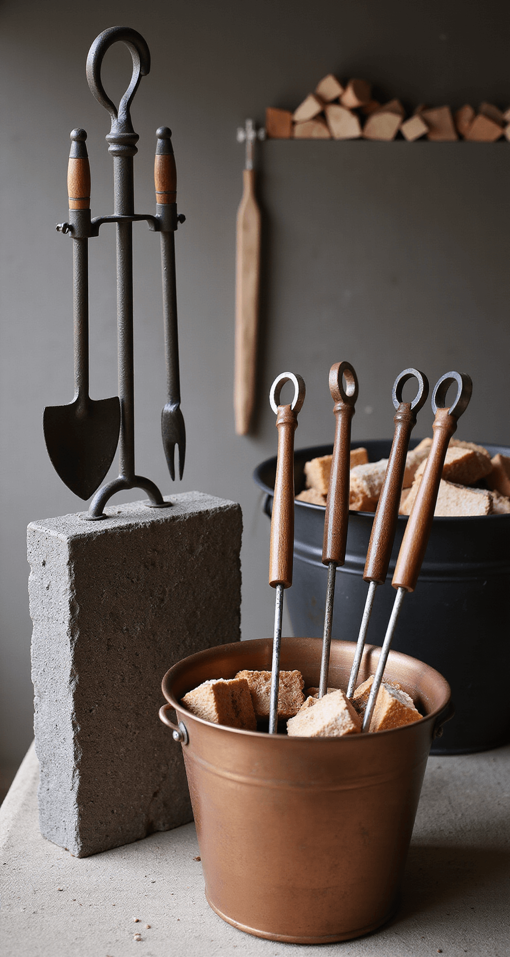 Close-up detail of handcrafted iron fire management tools with patina finish on a stone block, surrounded by rustic marshmallow roasting forks with wooden handles, and a vintage copper fire bucket filled with kindling, all highlighted by studio-style lighting to emphasize textures and craftsmanship.