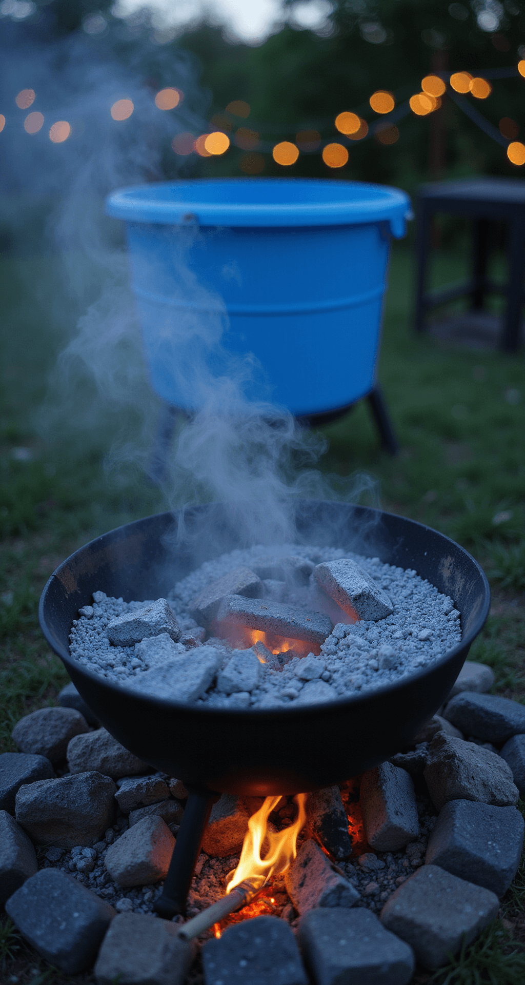 A low-angle shot during blue hour showcases the fire extinguishing process, featuring steam rising from doused embers and a stirring tool creating patterns in ash. A prominently placed water bucket and organized safety equipment highlight responsible fire management, with garden lights twinkling softly in the blurred background.