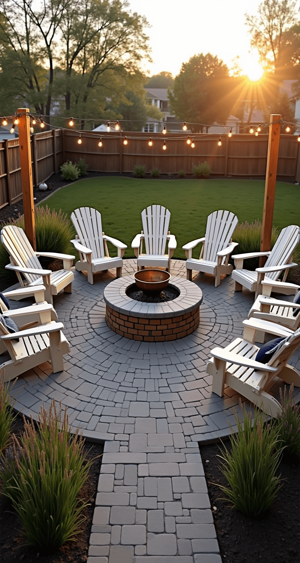 A cozy outdoor fire pit area at golden hour, showcasing a brick fire pit with charcoal-colored pavers, surrounded by cream and gray Adirondack chairs on a circular natural stone patio. String lights hang overhead, while a copper fire bowl sits at the center, accented by navy and rust throw pillows and bordered by native grasses and lavender.