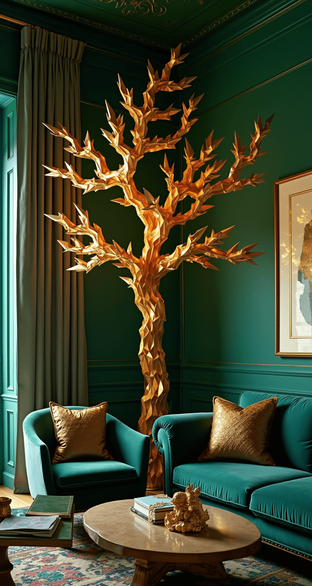 Art deco inspired sitting room featuring emerald green walls and gold trim, illuminated by golden hour light. A 6ft origami tree made of metallic paper stands prominently, surrounded by jewel-toned velvet furniture. The scene highlights metallic reflections, sharp angles, brass sculptures, and crystal accents, showcasing a rich color palette with dramatic lighting contrasts.