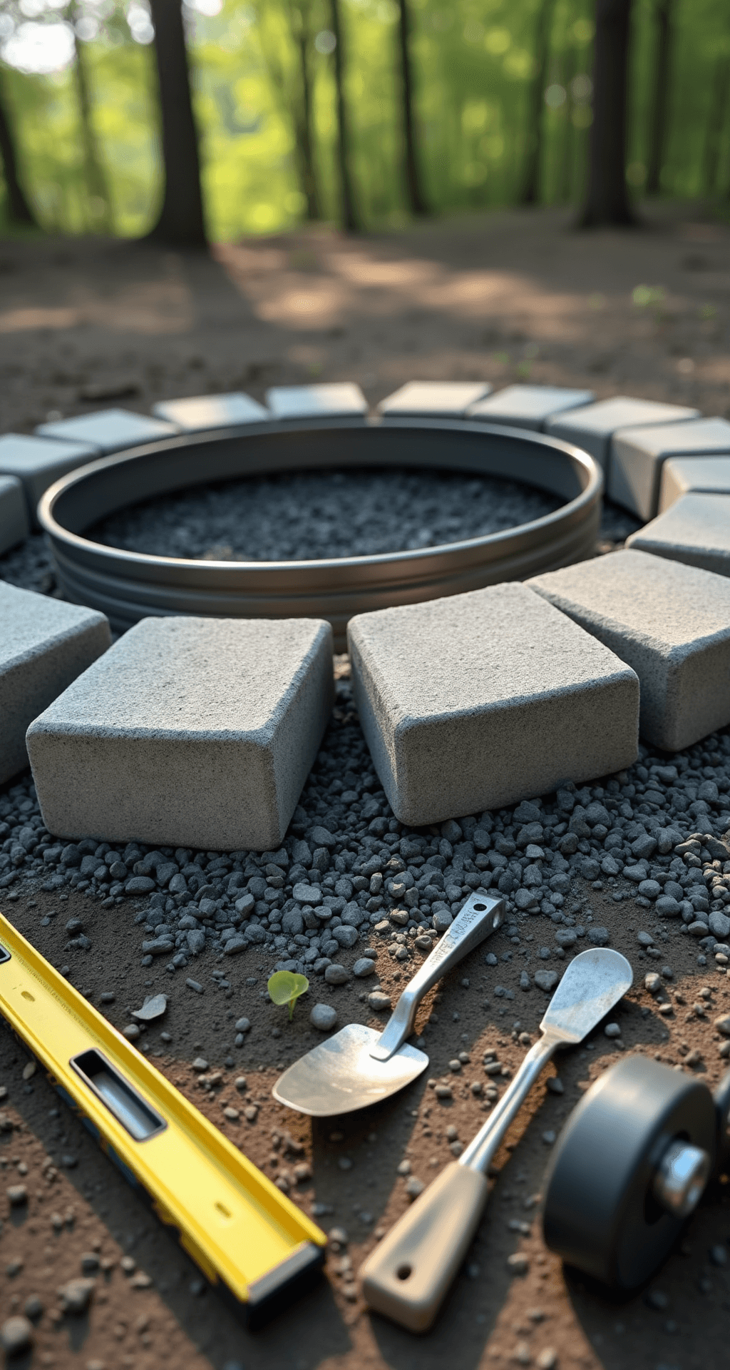 Low-angle shot of a budget fire pit under construction, featuring a galvanized steel ring surrounded by gray concrete blocks on a crushed granite base. Afternoon sunlight casts dramatic shadows on the materials, with construction tools like a level, trowel, and measuring tape in the foreground, and a blurred woodland background.