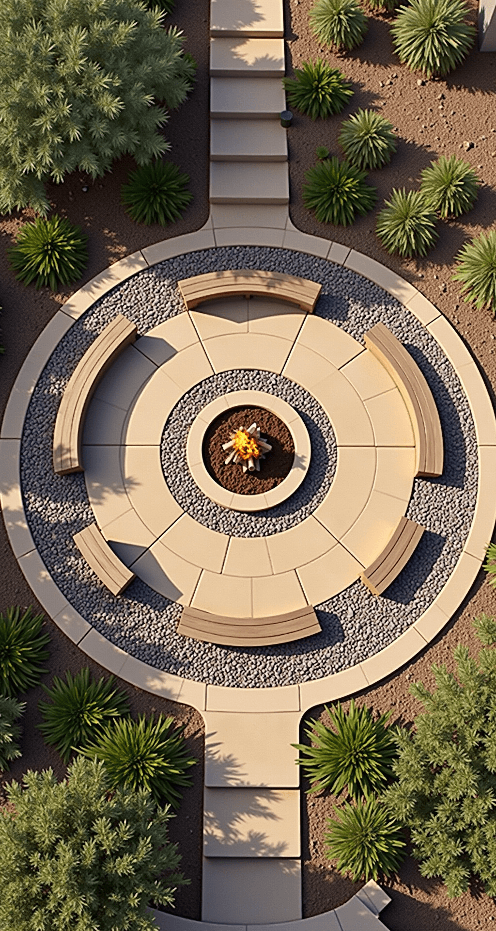 Overhead view of a completed fire pit installation in a landscaped yard, featuring a central sandstone fire pit surrounded by concentric circles of river rock and crushed stone, with curved cedar benches and drought-resistant plants, all captured in soft morning light.