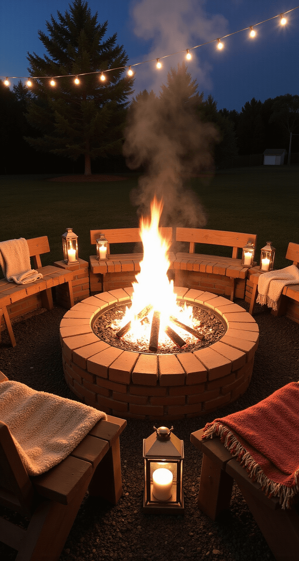Intimate evening scene featuring a budget-friendly fire pit casting warm light on a rustic brick structure. Cozy recycled wooden benches with earth-toned blankets invite casual seating, while copper lanterns with flickering candles and string lights enhance the ambiance. Smoke curls against the dark sky.