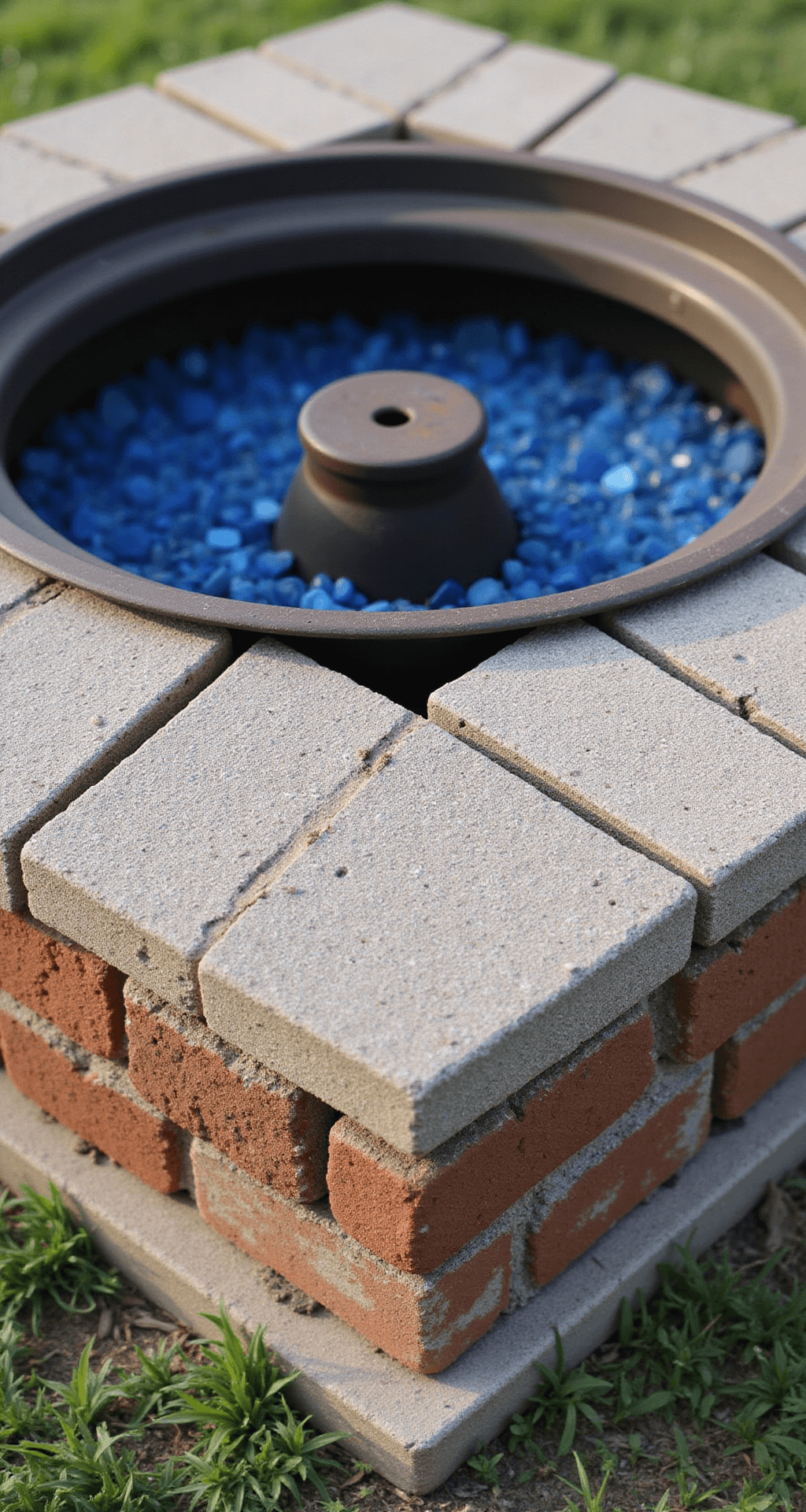Detail shot of a fire pit made from salvaged bricks, a vintage steel wheel rim, and reclaimed granite blocks, with crushed recycled blue glass as a decorative border; afternoon side lighting highlights the textures and colors of the materials.