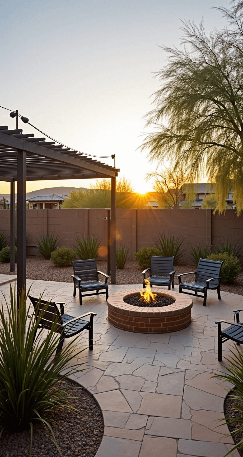 Wide-angle landscape view of a DIY fire pit area at sunset, featuring a central brick fire pit on a warm limestone paver patio, surrounded by charcoal gray metal chairs and drought-tolerant ornamental grasses, framed by a simple steel pergola with string lighting.
