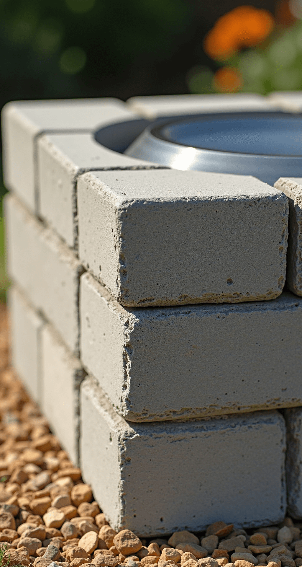 Close-up of a budget fire pit structure made of stacked gray concrete blocks, featuring a galvanized steel ring insert and a warm tan crushed stone base, with natural stone accents, captured in mid-morning light to emphasize texture and color variations, showcasing precise DIY construction details.