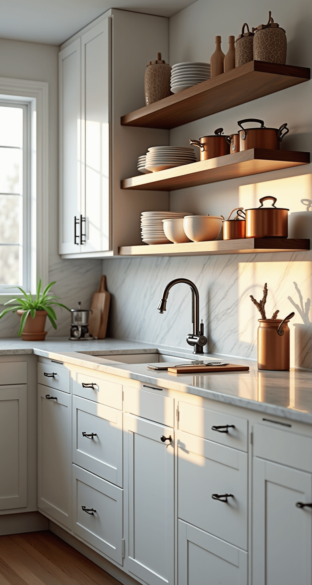 A bright and airy modern hybrid kitchen featuring white upper cabinets and walnut floating shelves, with natural light illuminating marble countertops and styled copper cookware at golden hour.