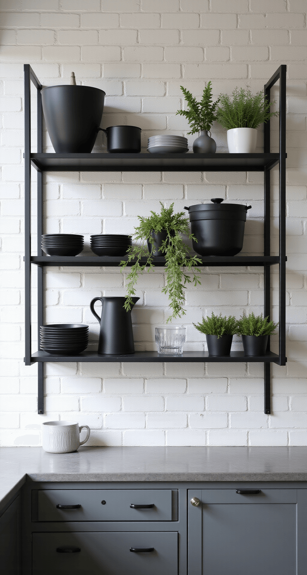 Minimalist urban kitchen with matte black shelves and dishware, potted herbs, and gray concrete countertops, photographed in soft natural light.