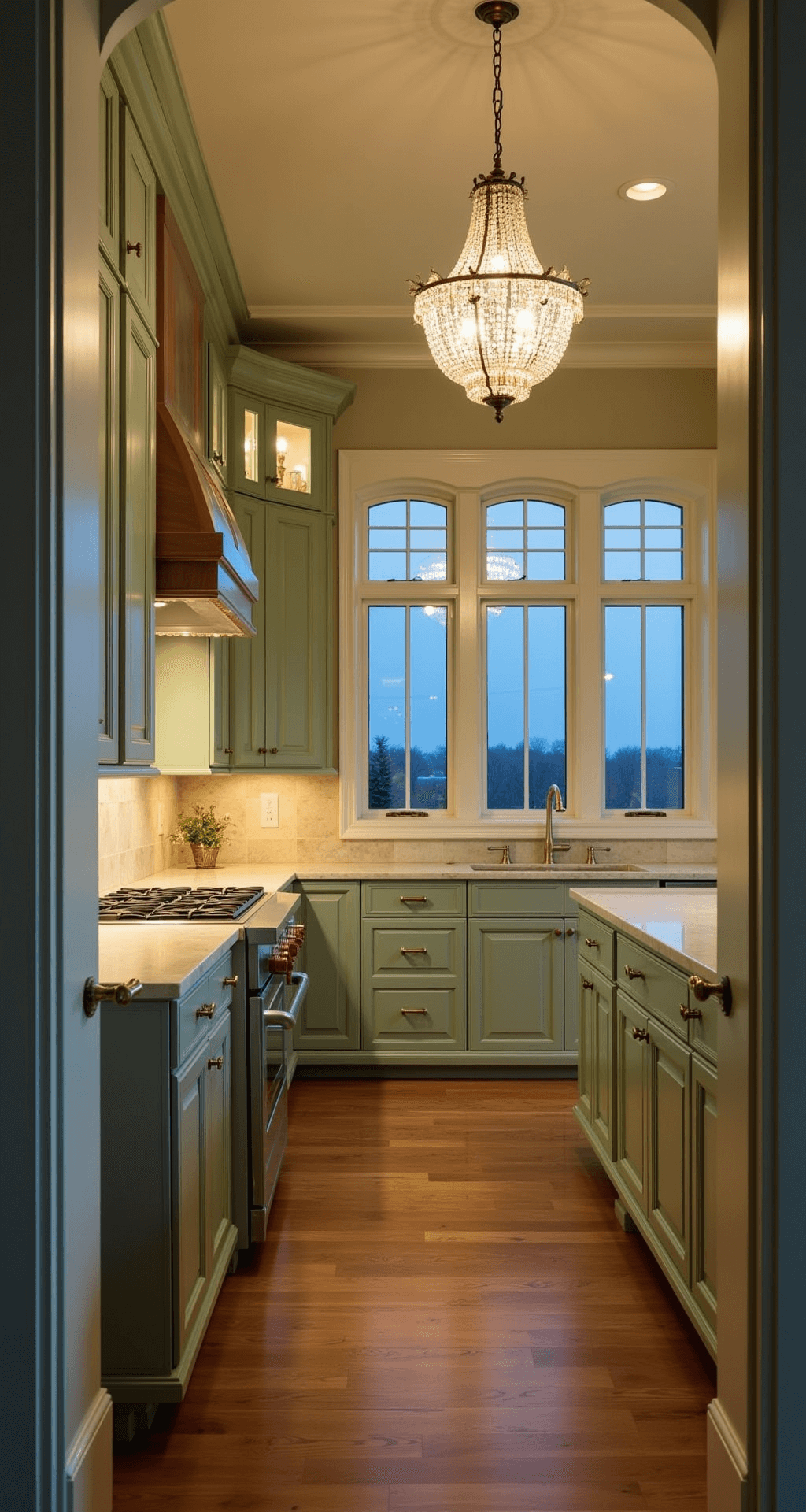 A spacious 18x22ft kitchen featuring floor-to-ceiling sage green Shaker-style cabinets, illuminated by a crystal chandelier and warm ambient light, showcasing vintage china in glass-front cabinets, with cream marble countertops and dramatic shadows highlighting architectural details.