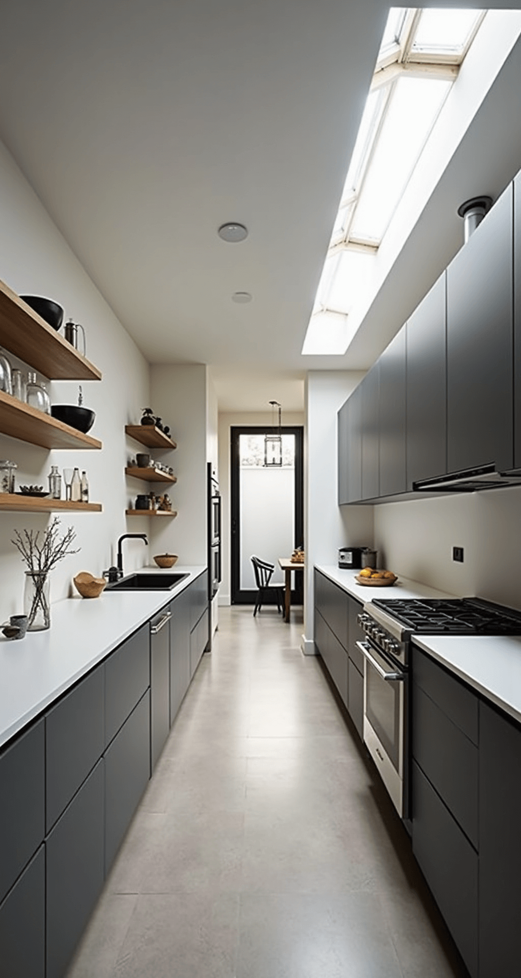 Contemporary long galley kitchen with floating white oak shelves displaying modern ceramics, handle-less gray cabinets, and skylights creating dramatic light, featuring matte black accents and brushed steel appliances.