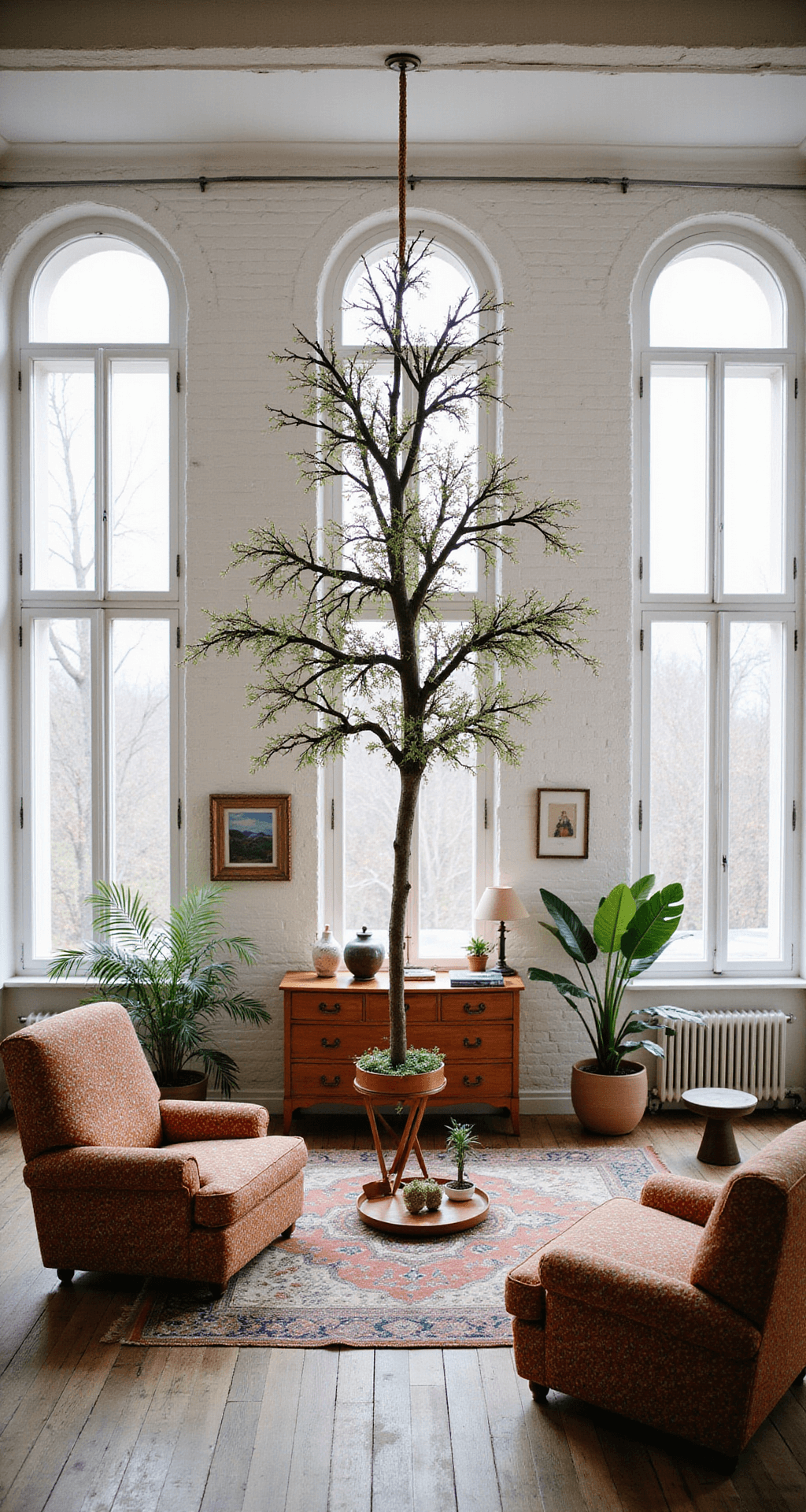 A bohemian studio featuring large arched windows and painted white brick, showcasing a 9ft branch Christmas tree suspended from the ceiling. The space is adorned with eclectic vintage furniture in rich patterns, macramé details, and botanical elements, all within an earthy color palette of layered textures and patterns. Close-up shots highlight natural materials and the tree's floating effect.