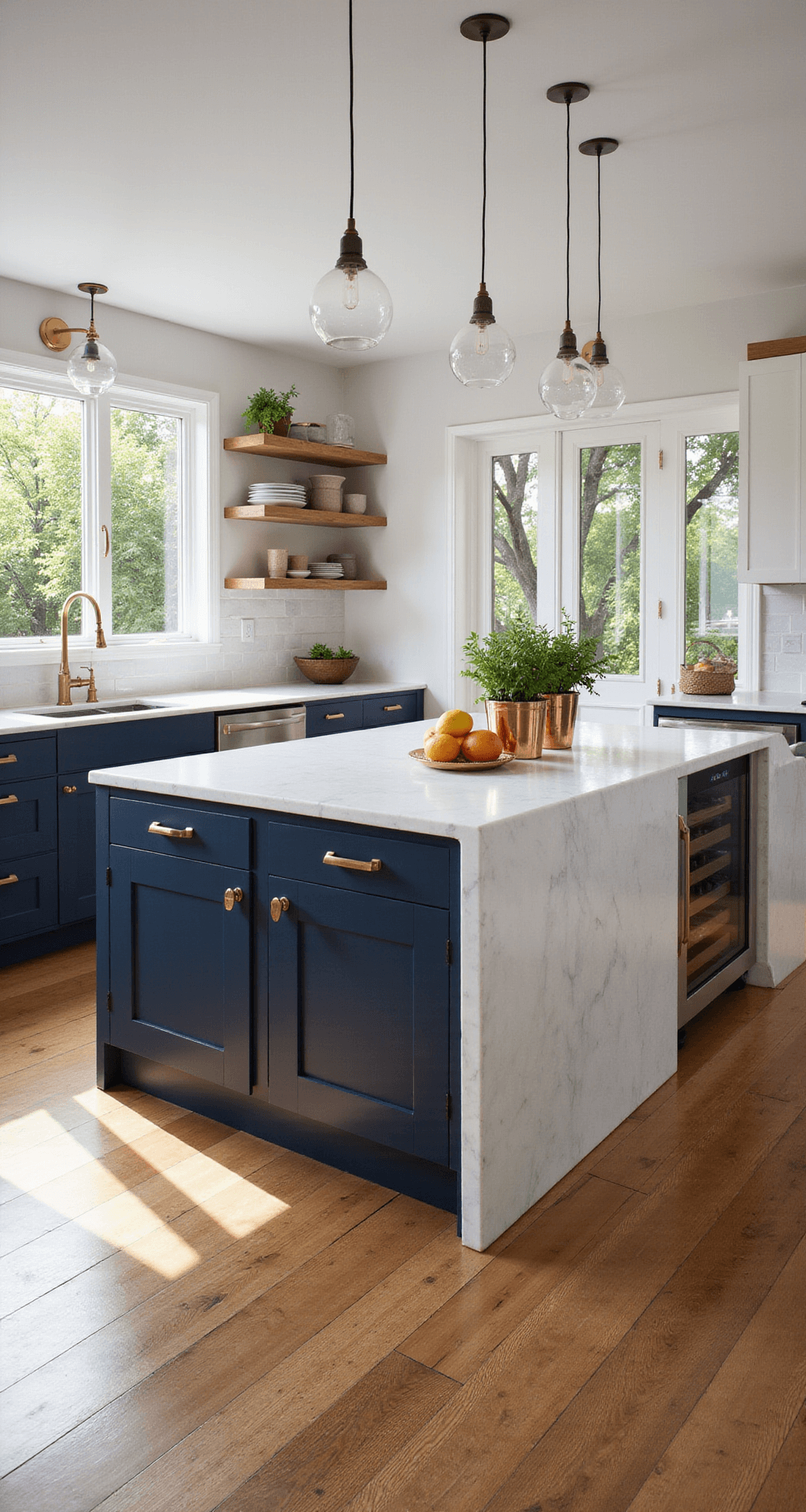 A contemporary kitchen featuring a large white quartz waterfall island with brass fixtures, deep navy base cabinets, and white upper shelving, illuminated by golden hour light streaming through floor-to-ceiling windows, with artisanal ceramics and fresh herbs in copper planters.
