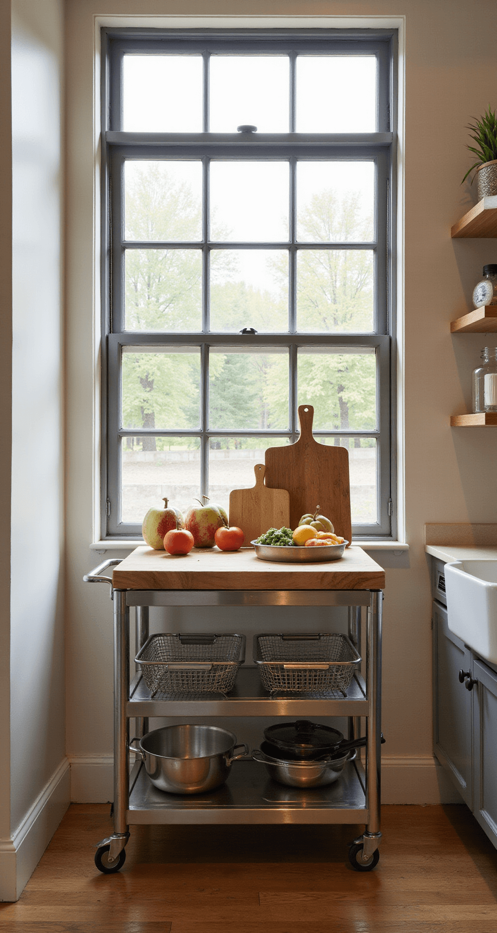 Intimate kitchen scene featuring a mobile stainless steel cart with a butcher block top and mesh storage beneath an industrial-style window, illuminated by soft morning light with a color palette of warm woods, brushed metal, and cream walls, styled with cookware and fresh produce.