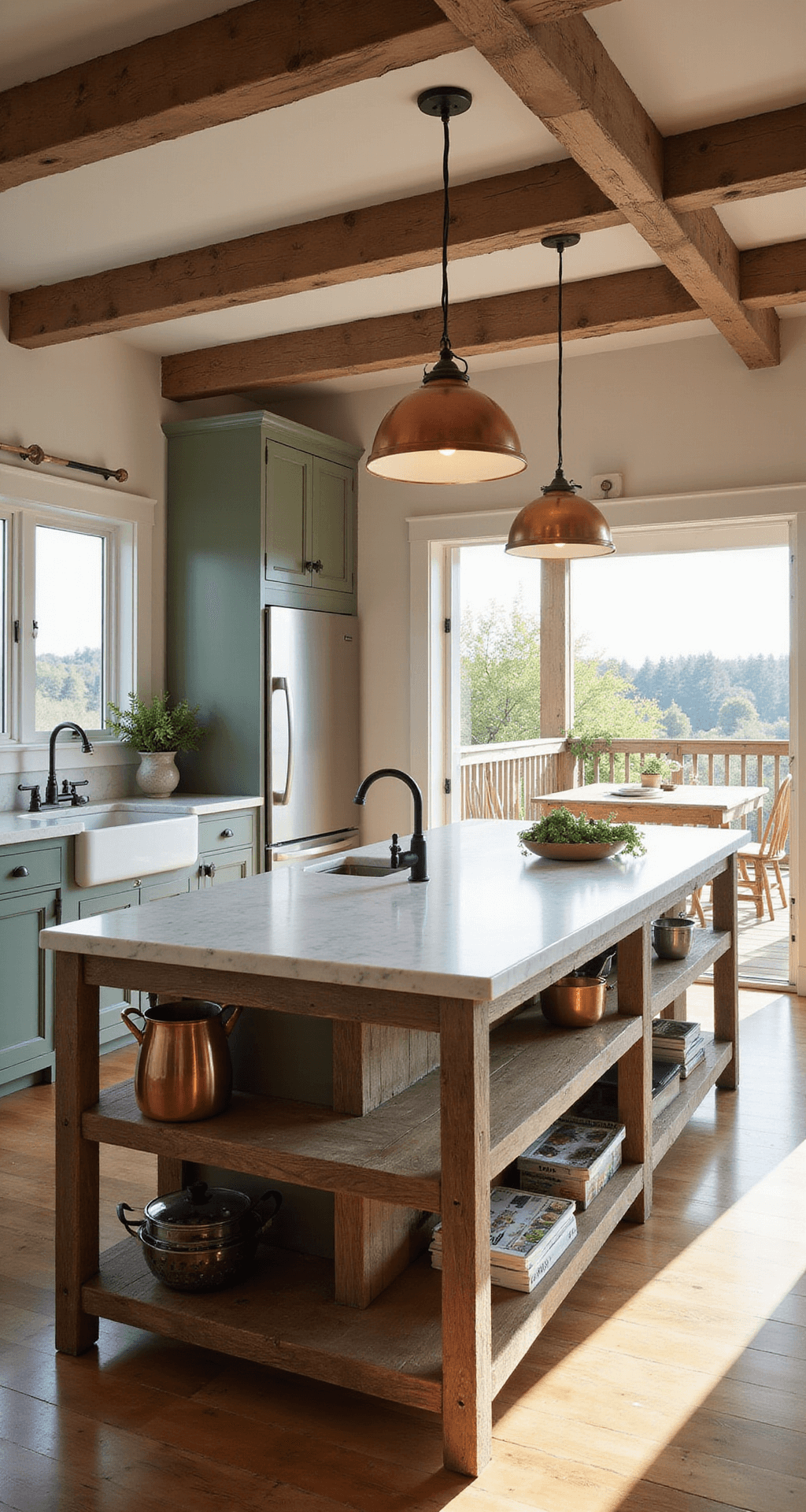 A modern farmhouse kitchen featuring exposed wooden beams, late afternoon light, a large island with reclaimed wood base and marble top, copper cookware on open shelves, sage green cabinetry, and a cozy breakfast nook illuminated by vintage-inspired pendant lights.