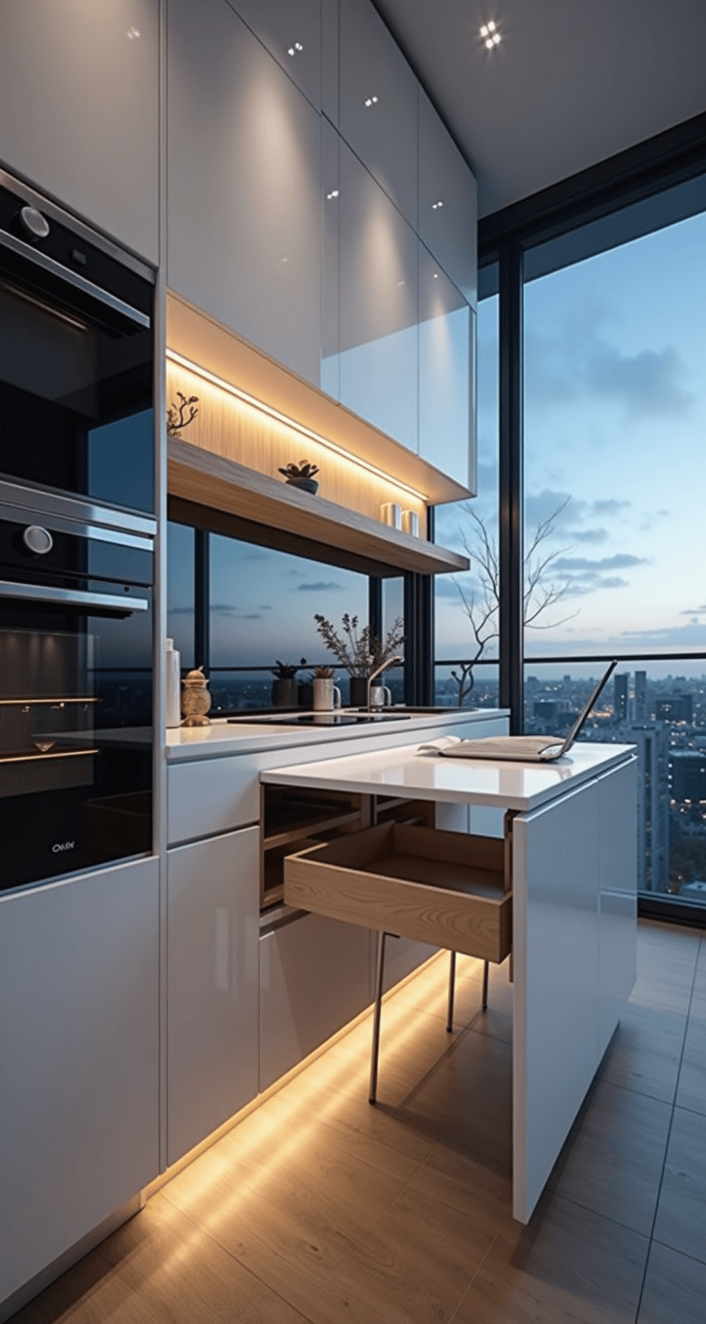 Compact urban kitchen featuring a transformable island with a fold-out dining surface, shot during blue hour. The low-angle view emphasizes vertical storage solutions illuminated by LED under-cabinet lighting, creating a dramatic glow. The island has a glossy white lacquer finish and hidden storage compartments, styled with minimalist metallic accessories, against a color palette of white, chrome, and warm wood accents.