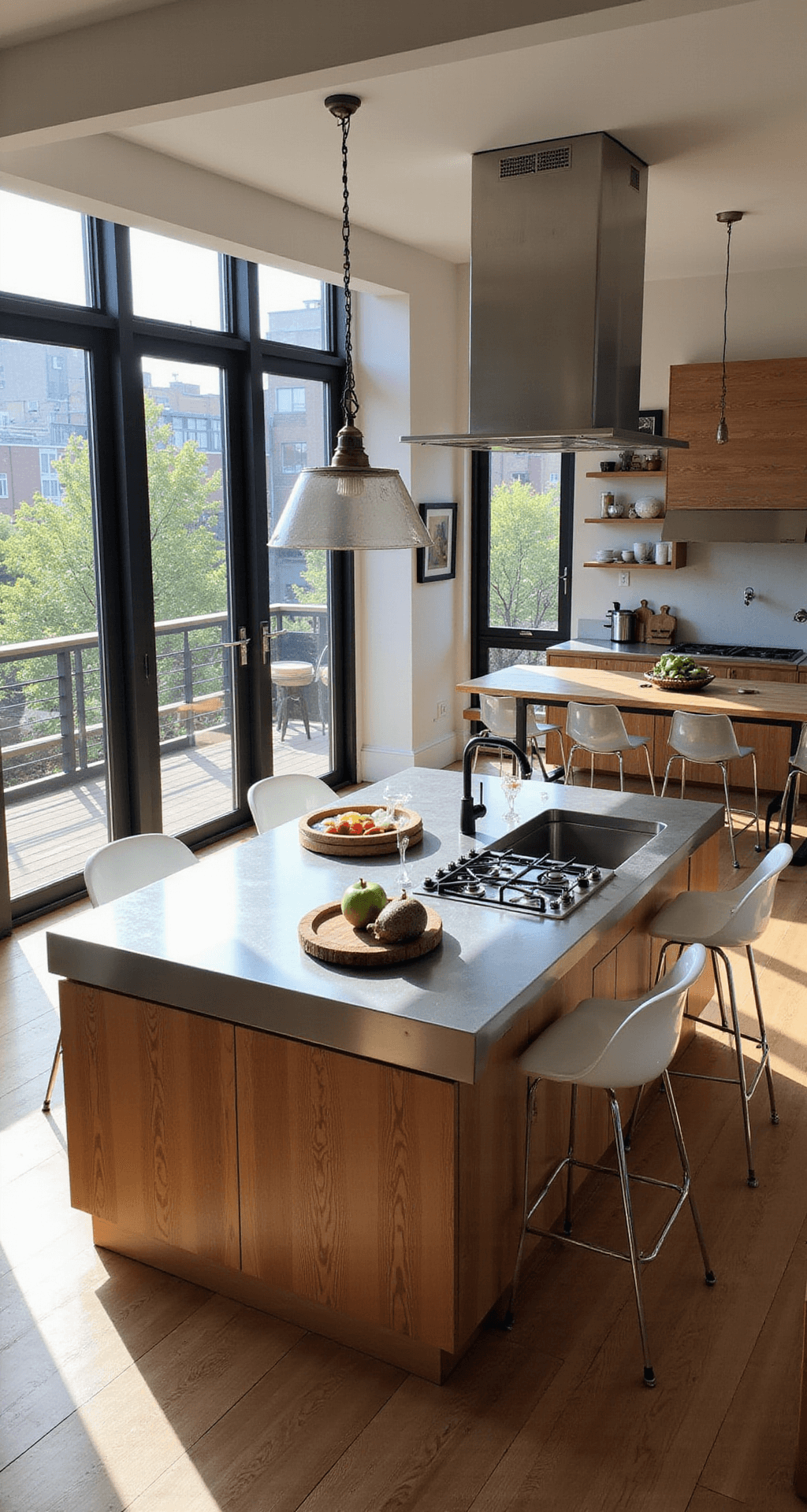 A sunlit kitchen featuring a professional-grade island with a cooktop and prep sink, double-height windows, and an efficient workflow design, styled with chef's tools and fresh ingredients, highlighted by industrial pendant lighting and a mix of charcoal, stainless steel, and warm oak tones.
