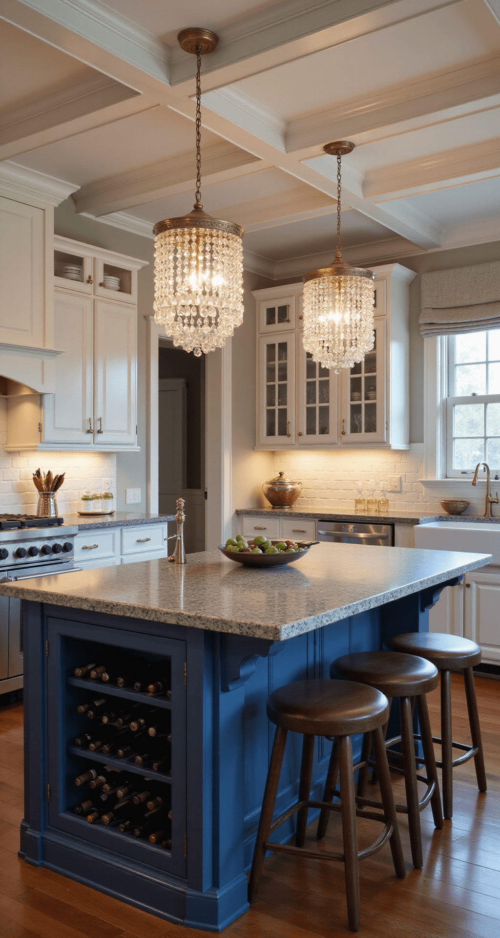 Transitional kitchen with coffered ceiling, 16x14ft, featuring an entertainment-focused island in navy blue with leathered granite top, built-in wine storage, and bar seating. Evening scene with ambient lighting from crystal pendants, showcasing an intimate gathering space styled with wine accessories and elegant barware in a color palette of deep blue, brass accents, and creamy whites.