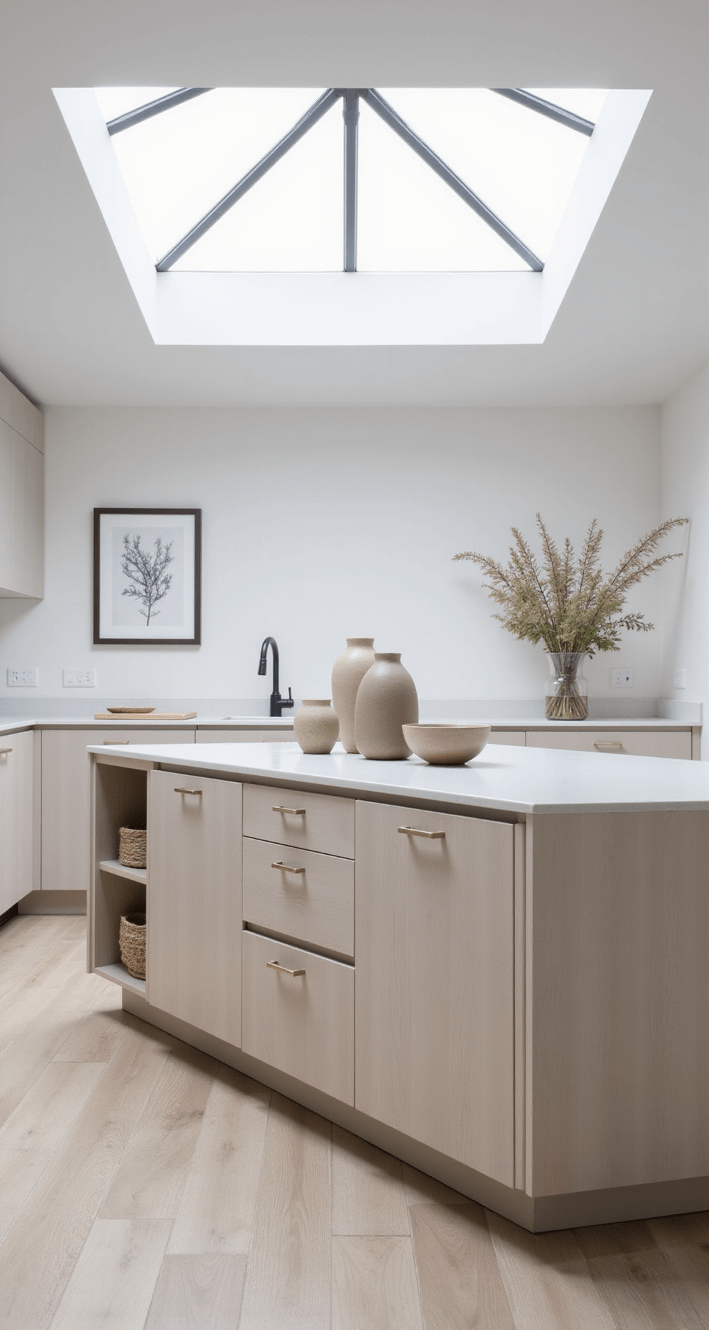 A minimalist Scandinavian-inspired kitchen featuring a pale ash wood island with integrated handle pulls and hidden storage, illuminated by a dramatic skylight in soft, even daylight. The space showcases clean lines, negative space, and muted colors of white, light wood, and soft gray, styled with ceramic vessels and minimal décor.