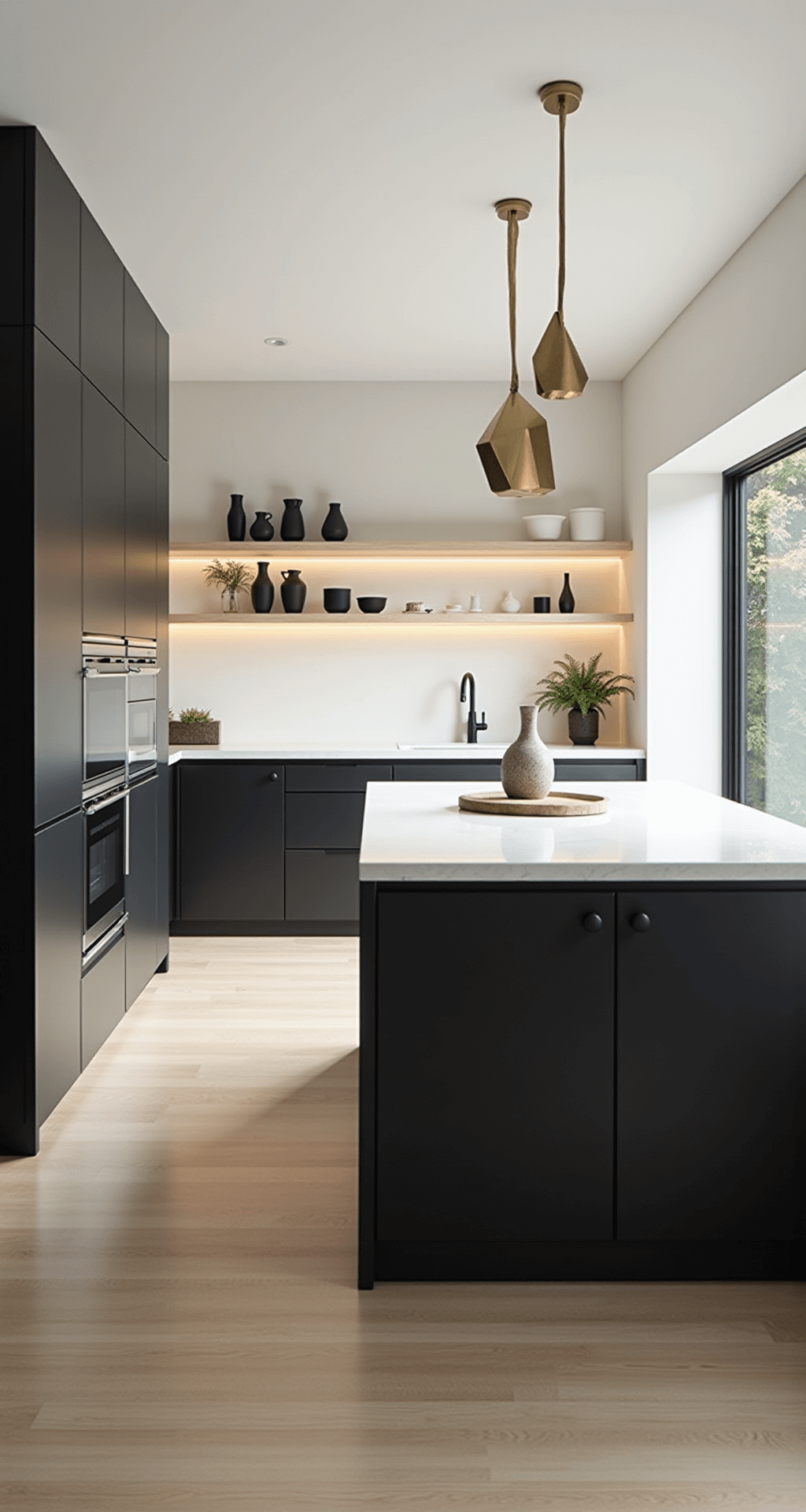 A modern minimalist kitchen featuring white quartz waterfall countertops, matte black cabinets, and bleached oak floating shelves. Early morning sunlight floods in through floor-to-ceiling windows, highlighting a solitary brass pendant light above a central island. A trio of ceramic vessels of varying heights decorates the pristine countertops, while a hidden appliance garage keeps the space clutter-free. The camera captures the scene from the entrance at eye level, showcasing the clean lines and soft lighting.