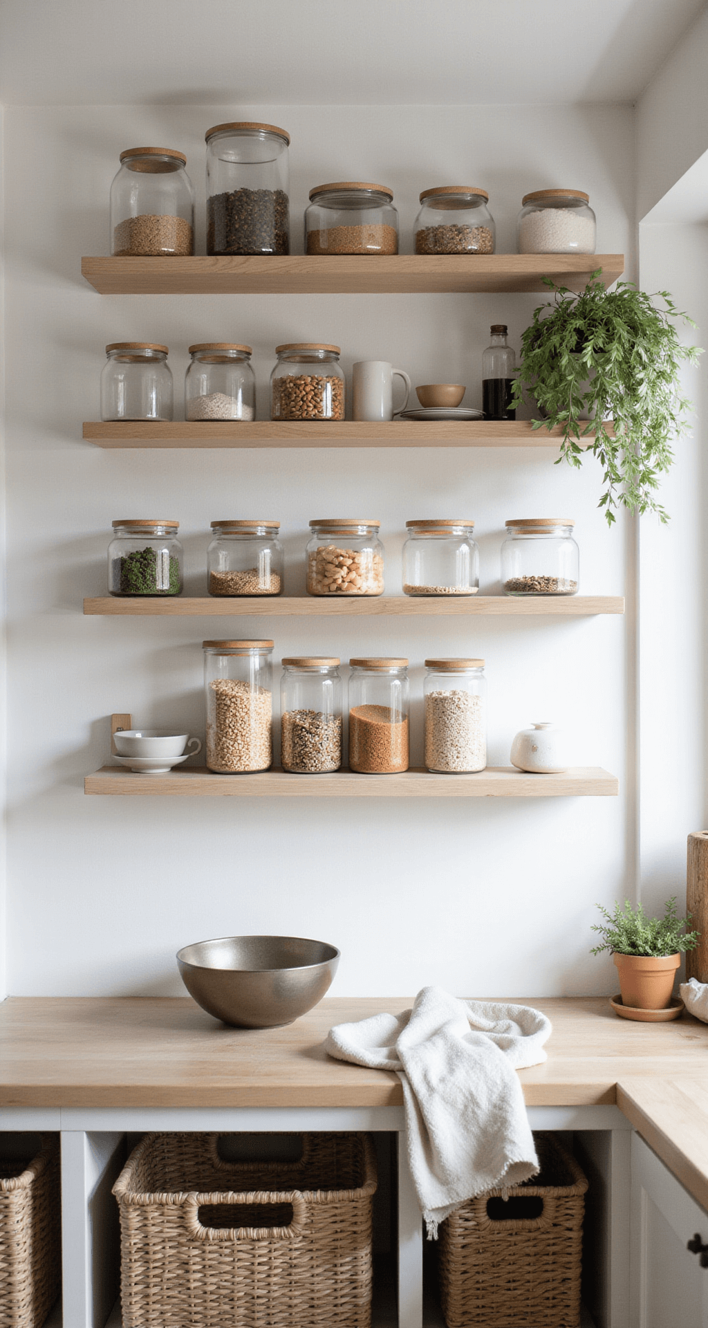 Scandinavian-inspired minimal kitchen vignette featuring a pale ash floating shelf with matching glass storage jars and woven baskets, illuminated by late afternoon light. A neutral linen tea towel is casually draped, emphasizing texture.