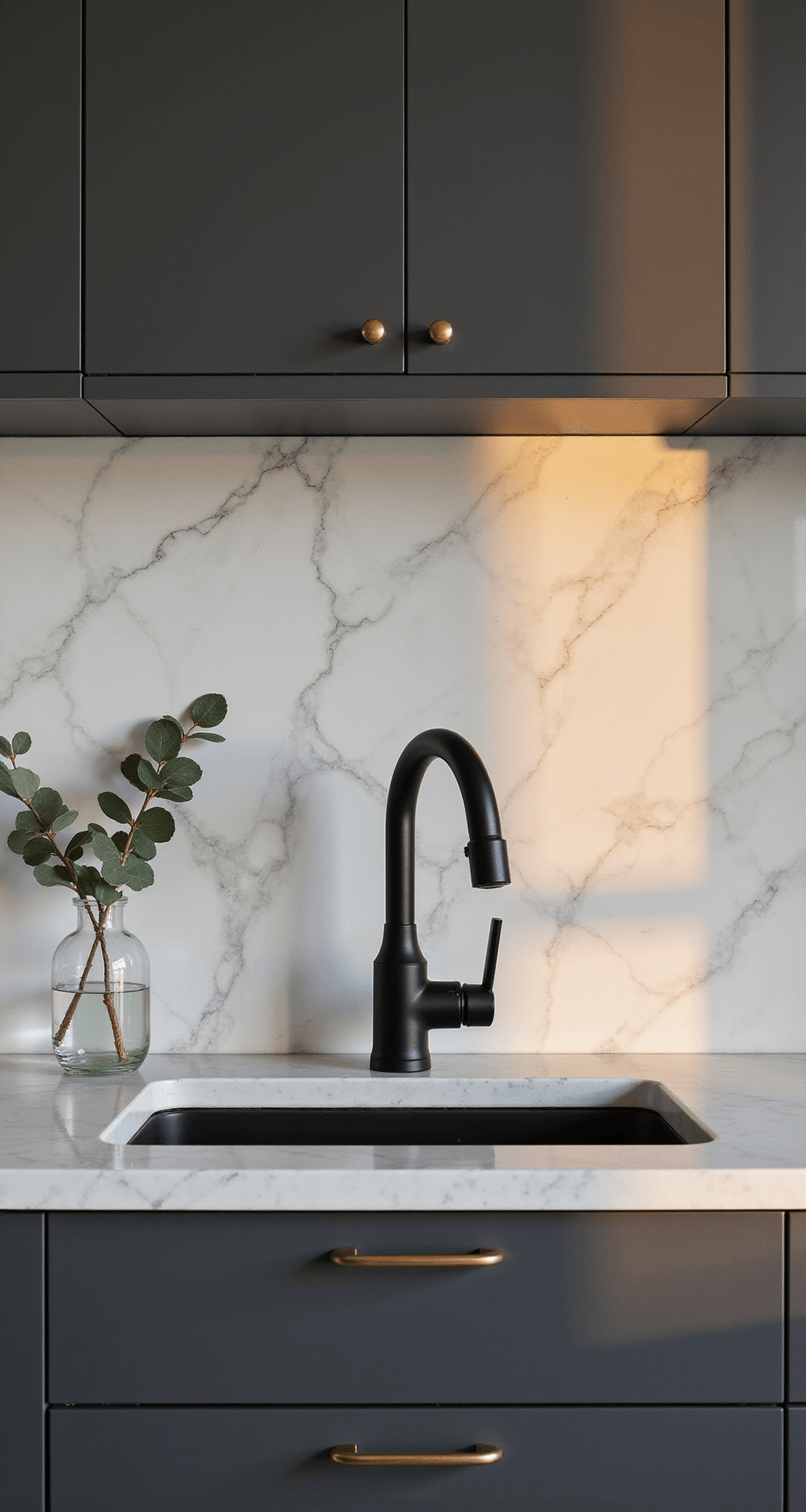 Minimalist kitchen featuring an 8ft marble backsplash with subtle veining, dark grey handleless cabinetry, a matte black faucet, and a single eucalyptus stem in a clear glass vase, all illuminated by warm golden hour light.