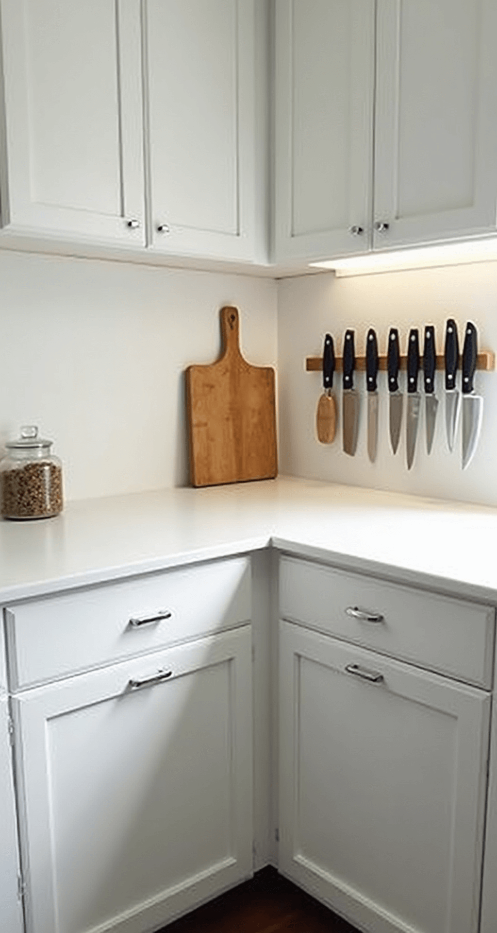 Minimalistic kitchen corner featuring white shaker cabinets and seamless countertops in L-configuration, highlighted by morning light. A magnetic knife strip displays professional knives, and a wooden cutting board leans against the backsplash, complemented by under-cabinet lighting. Shot from above at a 30-degree angle to showcase clean lines and spatial flow.