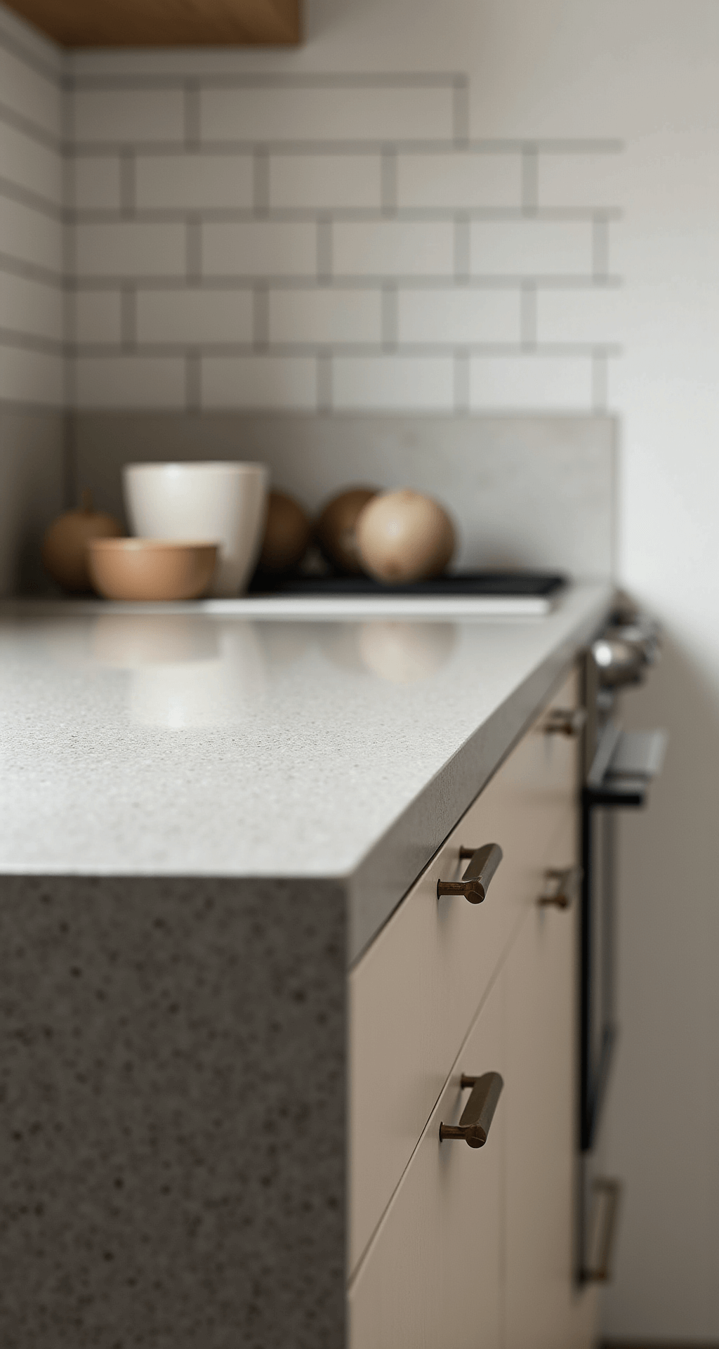 Minimalist kitchen detail featuring a matte concrete countertop adjacent to a glossy subway tile backsplash. A collection of small ceramics in neutral tones is arranged asymmetrically. Brushed brass cabinet pulls introduce warmth, while soft side lighting highlights the textures. The image focuses on material details with a dramatic shallow depth of field captured by a macro lens.