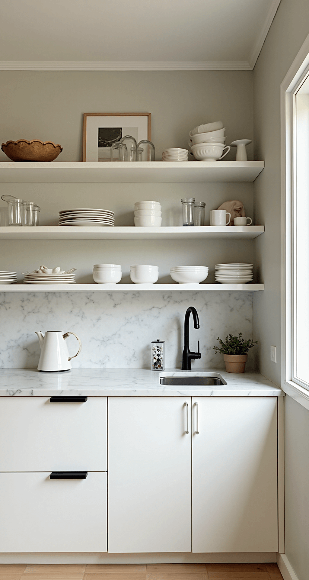 Budget-conscious minimal kitchen vignette featuring warm white walls, refurbished cabinets with matte black hardware, marble-pattern contact paper counters, and organized open shelving displaying white ceramics and clear glass, all illuminated by natural light.