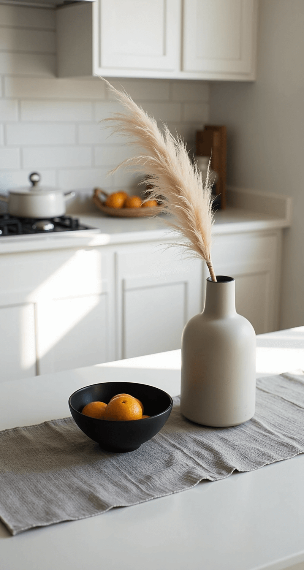 A winter morning light fills a minimal white kitchen, highlighting a textured grey linen runner on a white kitchen island adorned with a matte black bowl of citrus and an architectural ceramic vase holding dried pampas grass, with softly focused cabinetry in the background.