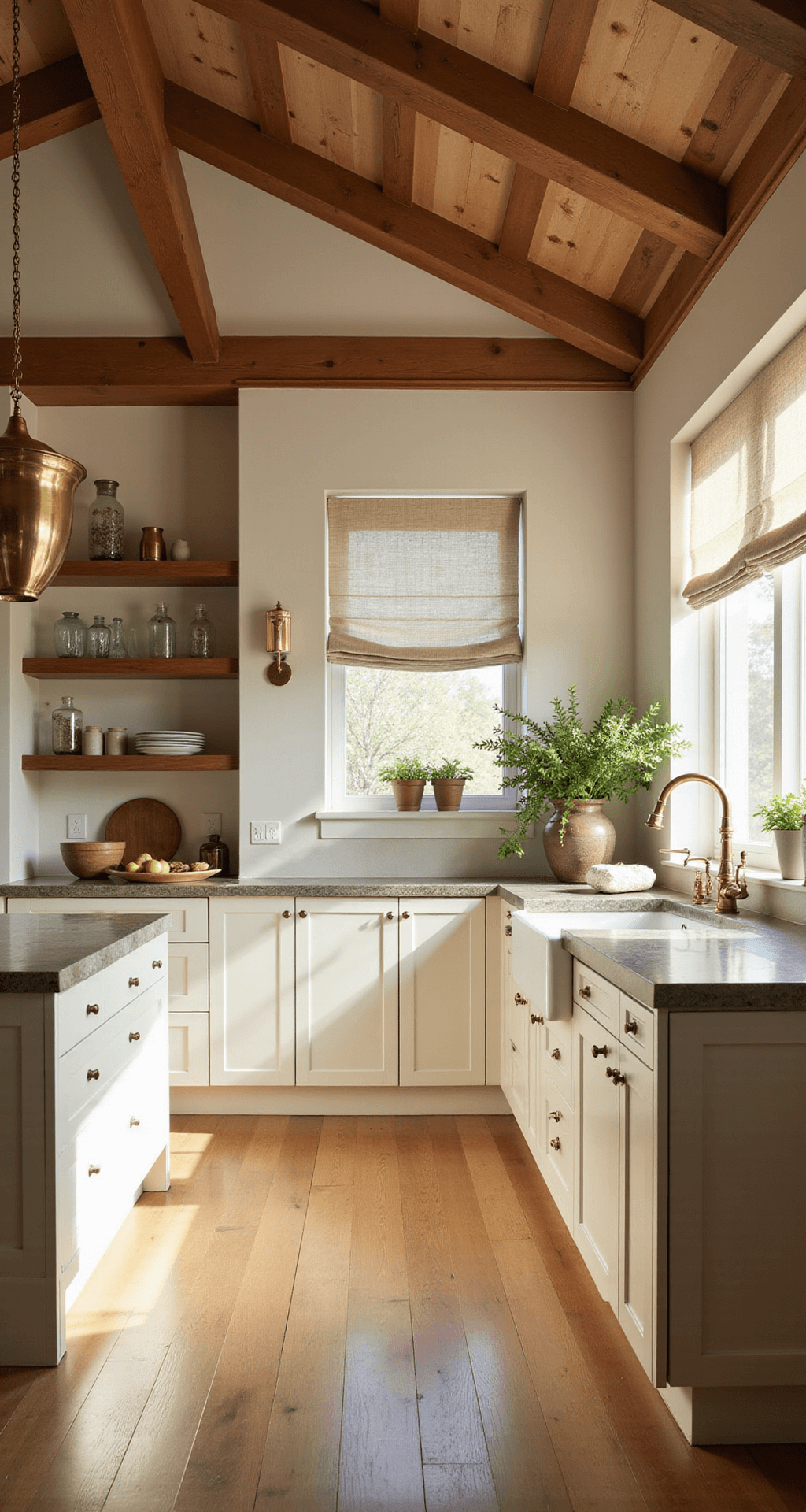 A warm and sophisticated modern kitchen with 12-foot ceilings, exposed wooden beams, creamy white cabinets, light oak flooring, and a large quartz waterfall island, illuminated by natural light through floor-to-ceiling windows. Brass pendant lights and neutral-toned artisanal ceramics accentuate the inviting atmosphere, with potted herbs adding organic touches.