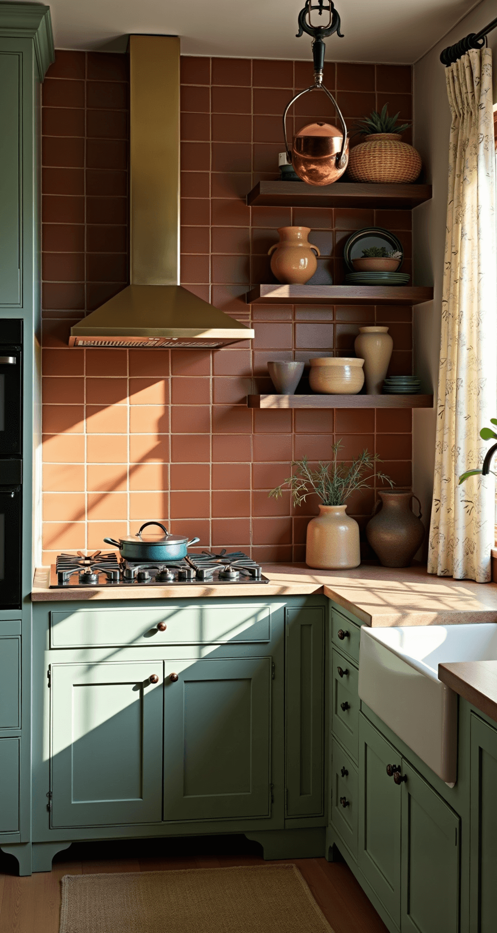 Intimate kitchen scene featuring sage green shaker-style cabinets, brushed brass range hood, warm walnut shelving, terracotta tile backsplash, and vintage copper cookware, all bathed in dappled morning light.