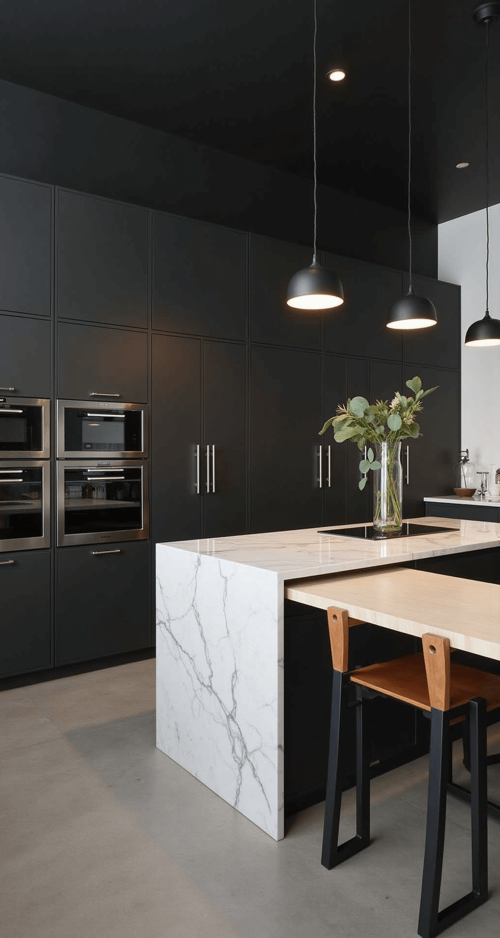 A dramatic evening kitchen featuring industrial-modern design with matte black cabinets, white walls, polished concrete floors, and a white Carrara marble waterfall island, illuminated by minimalist black pendant lights and accented by chrome appliances, showcasing geometric lines and moody lighting.
