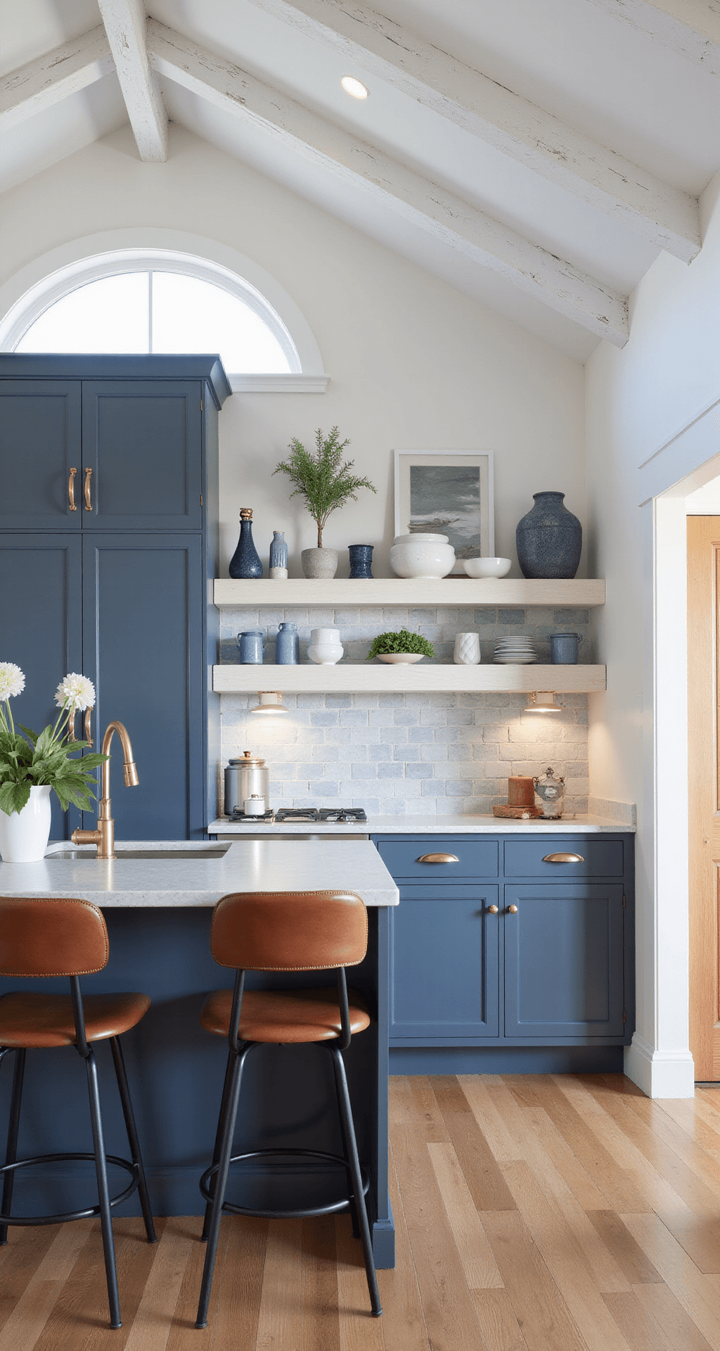 Coastal-inspired kitchen with stormy blue cabinets, rich brown leather barstools, white oak shelves, and a dynamic blue-toned backsplash, illuminated by afternoon light and warm under-cabinet lighting.