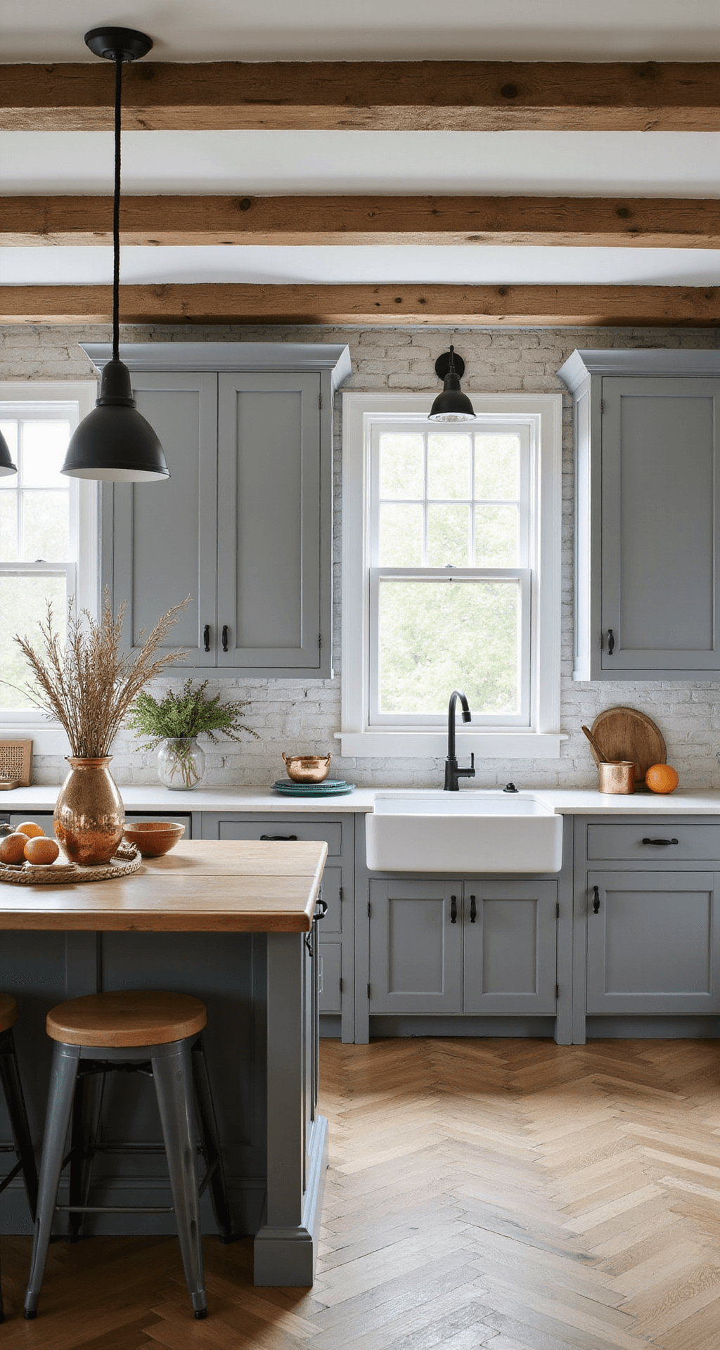 A modern farmhouse kitchen with an 11-foot tray ceiling featuring reclaimed wooden beams, slate gray perimeter cabinets, and a natural white oak island with black iron pendants. Herringbone hardwood floors and floor-to-ceiling windows bathe the space in morning light, casting dramatic shadows on the textured subway tile backsplash. Vintage copper pots and dried herbs enhance the rustic yet refined atmosphere.