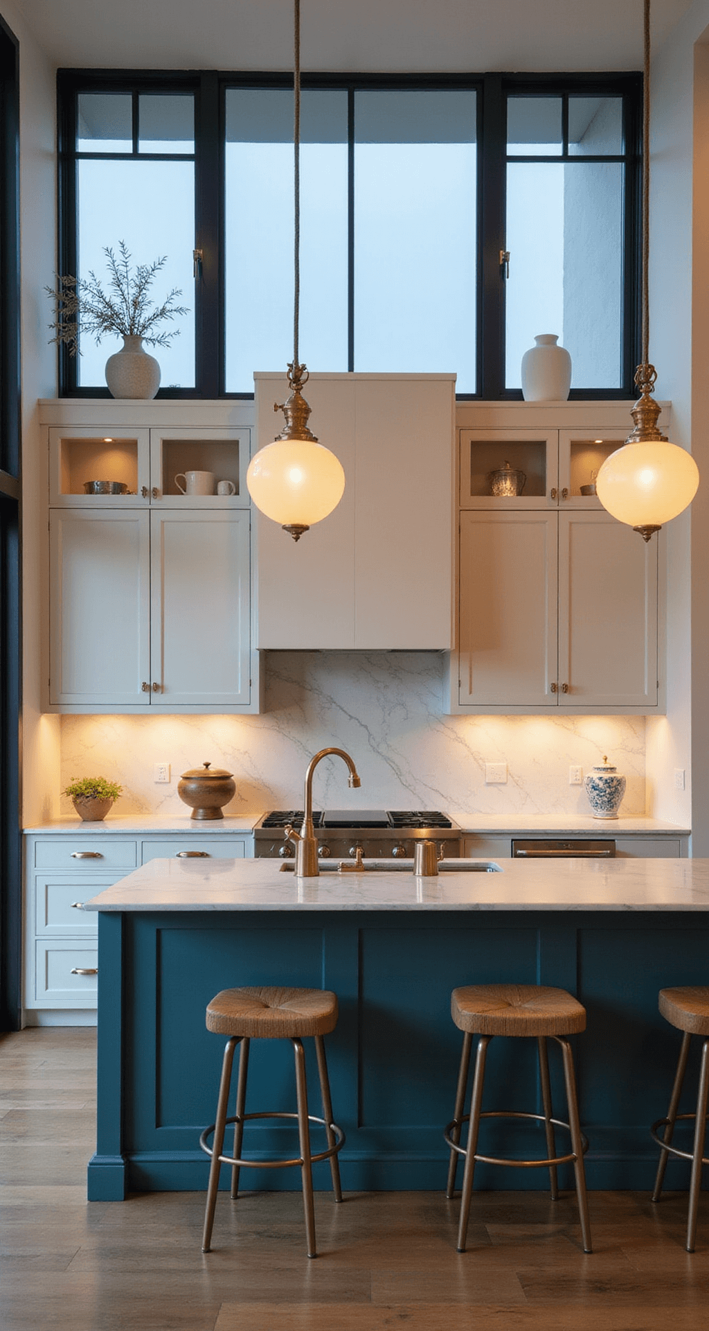 Minimalist evening kitchen scene with 13-foot ceilings, black steel-framed windows, ivory cabinets, deep teal island, brushed gold hardware, white marble backsplash, and ambient lighting from globe pendants, creating a sophisticated and serene atmosphere.